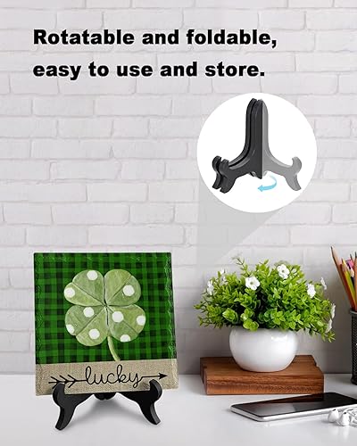 Miniatura 3 de Placa de cerámica del día de San Patricio con soporte de madera trébol punteado placas decorativas de mesa de la suerte letrero de decoración de