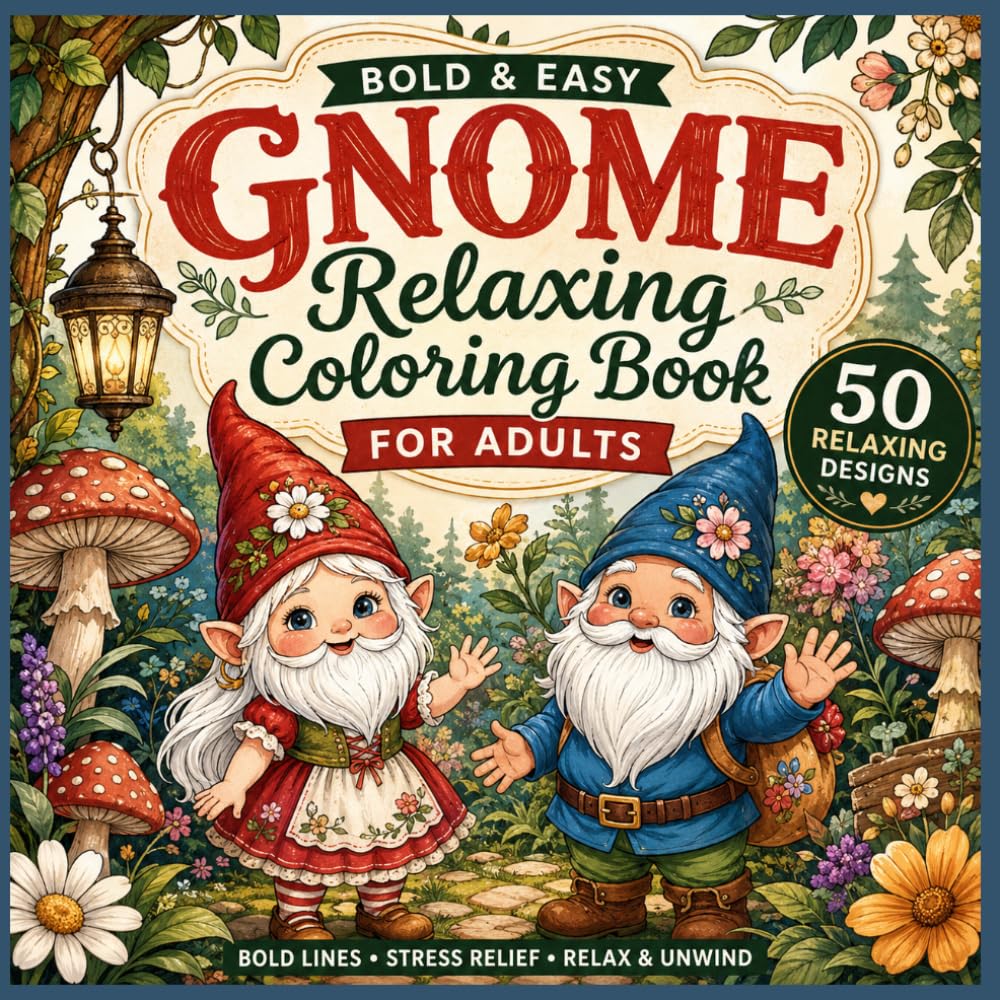 Gnome Coloring Book for Adults: 50 Relaxing Designs for Stress Relief, Mindfulness & Creative Fun with Cute Garden Gnomes, Mushrooms, Flowers and Whimsical Illustrations, Bold & Easy