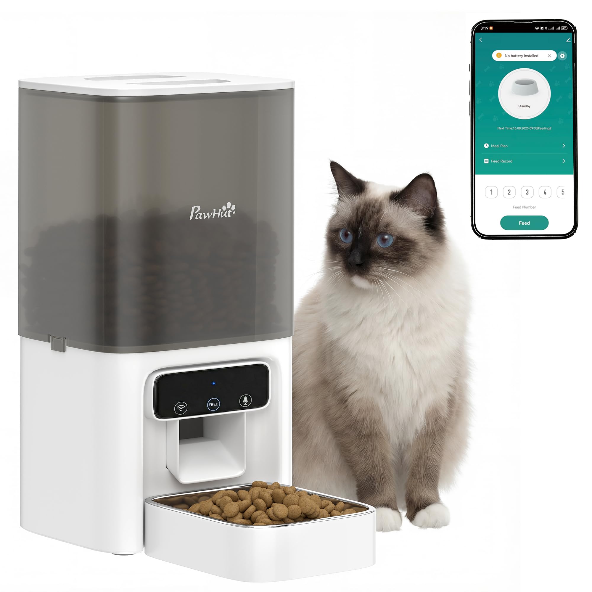 PawHut Distributore Automatico per Gatti 4.5L WiFi con Timer per Gattini | Programmabile per 1-10 Pasti, Dispenser Automatico, Registratore Vocale, Alimentazione Doppia, per Cani di Taglia Piccola