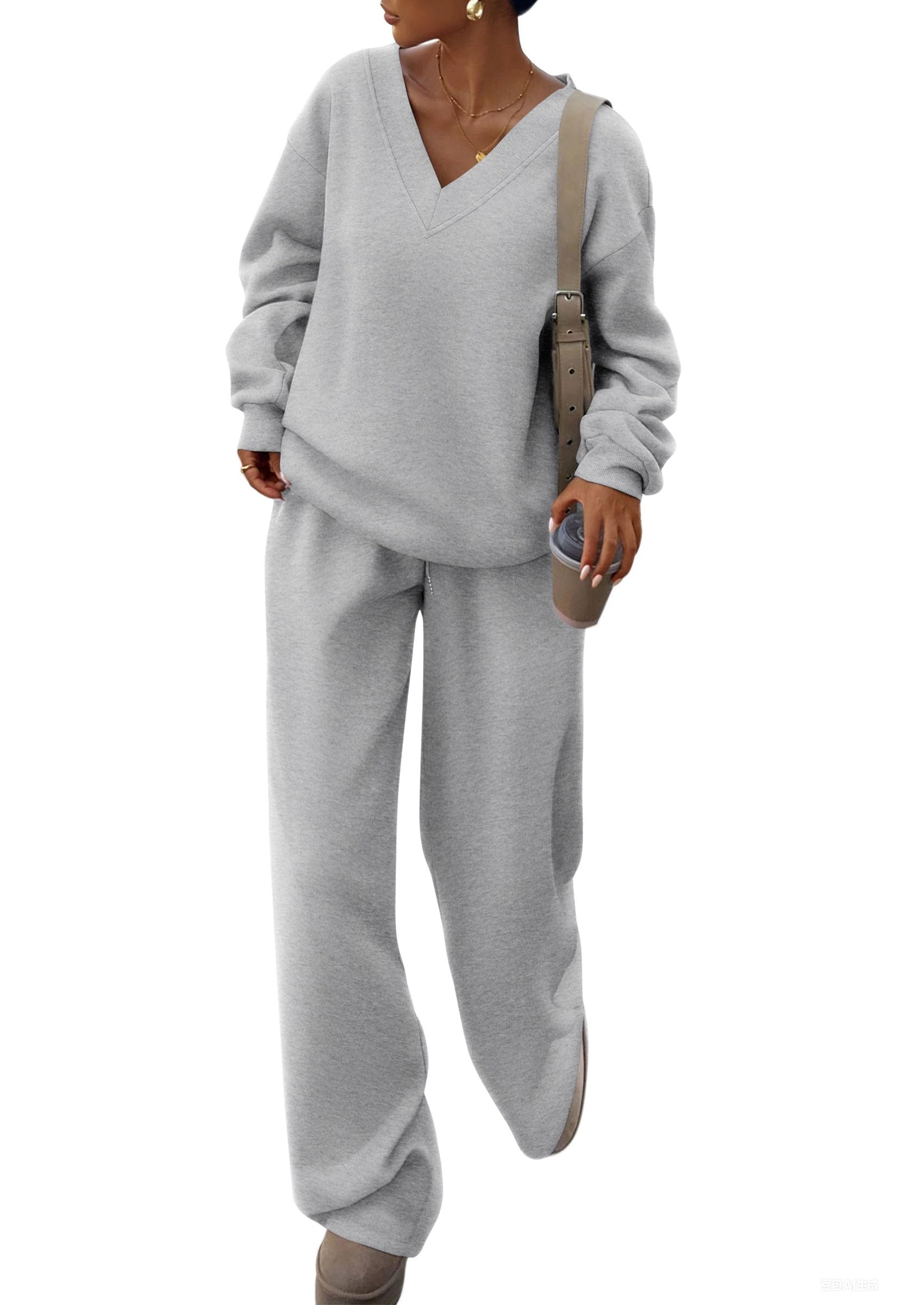 PRETTYGARDEN Casual Winter Two Piece Sets for Women 2026 V Neck Sweatshirt Loose Wide Leg Pants Tracksuit Knit