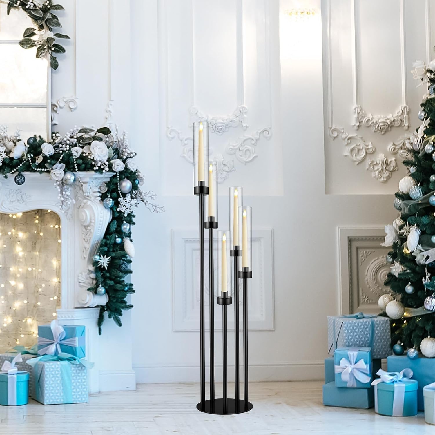 Candelabra - Candle Holder, 5 Arm 42.5'' Tall Candle Holder, Metal Candlestick Set with Acrylic Lampshade, Candelabras Centerpieces for Tables, for Wedding Party Home Decoration(4PCS)