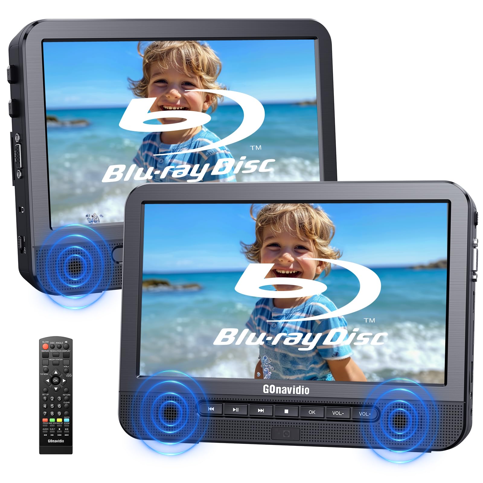 GOnavidio Blu Ray DVD Player Auto 2 Bildschirme 10,5" Mit 5 Stunden Akku HDMI-Ausgang, tragbarer Bluray DVD Player Auto Fernseher, Surround-Sound Effekt Mit AV IN- und AV Out-Funktion