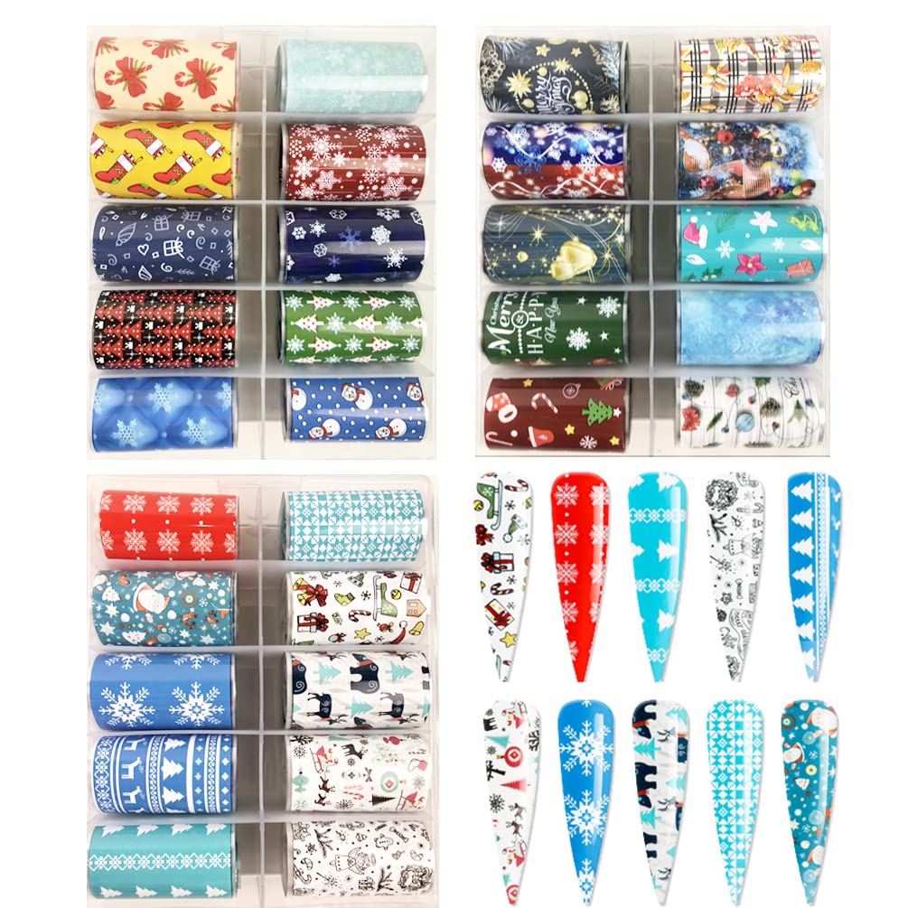 Christmas Nail Foil Transfer Sheets, 30 Sheets Christmas Nail Transfer Foil for Nails, Winter Snowflake Snowman Elk Xmas Pattern Nail Foils Nail Art for Girls