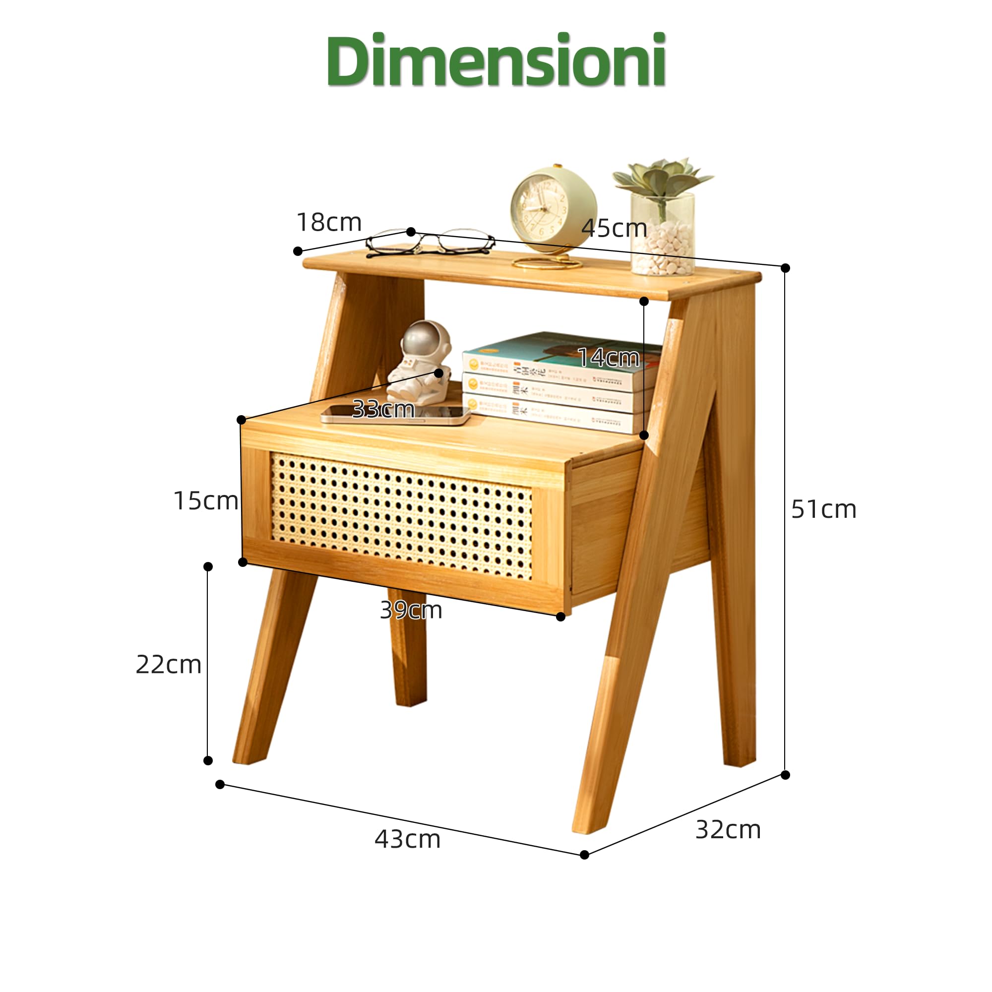 Comodino in Bambù con Cassetto, Mobile da Notte Boho | Design Trapezoidale Moderno| Tavolino Laterale per Camera, Soggiorno e Ufficio| 43x32x51 cm