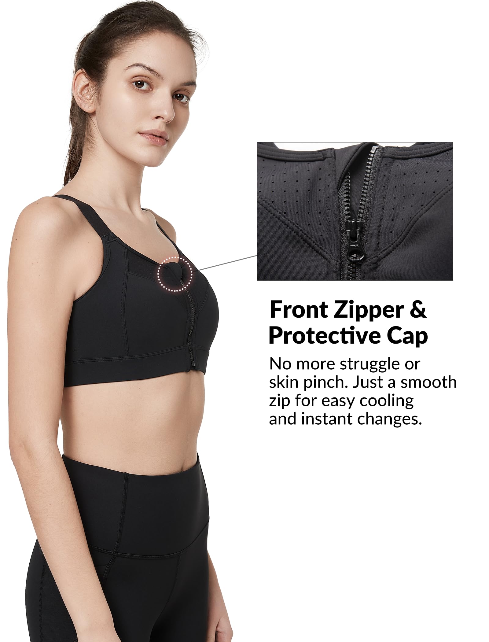 Yvette Soutien-gorge de sport réglable pour femme - Fort impact - Fermeture éclair sur le devant - Grande taille - Sans armature - Pour la course à pied et l'entraînement, noir, L grande taille
