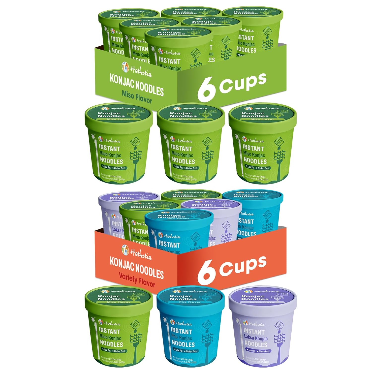 Hethstia Konjac Noodles Soup Cup Variety Flavor (Miso, Pho, Laksa), 12-Pack Low Carb Instant Shirataki Noodle, Vegan, Gluten-Free, Sugar-Free, Keto, Low-Calorie Healthy Pre-cooked Asian Meal