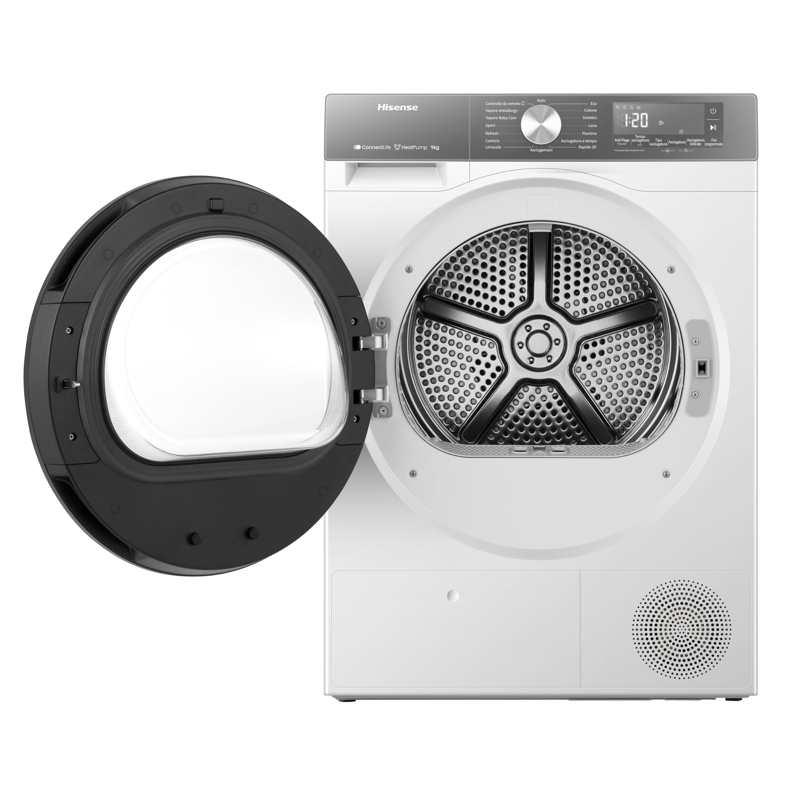 Hisense DH3S902BWCCA Asciugatrice a Pompa Di Calore, 9 Kg, A+++/C, Big Display, 16 programmi, Refresh, WiFi, Porta Reversibile, Bianco/Silver