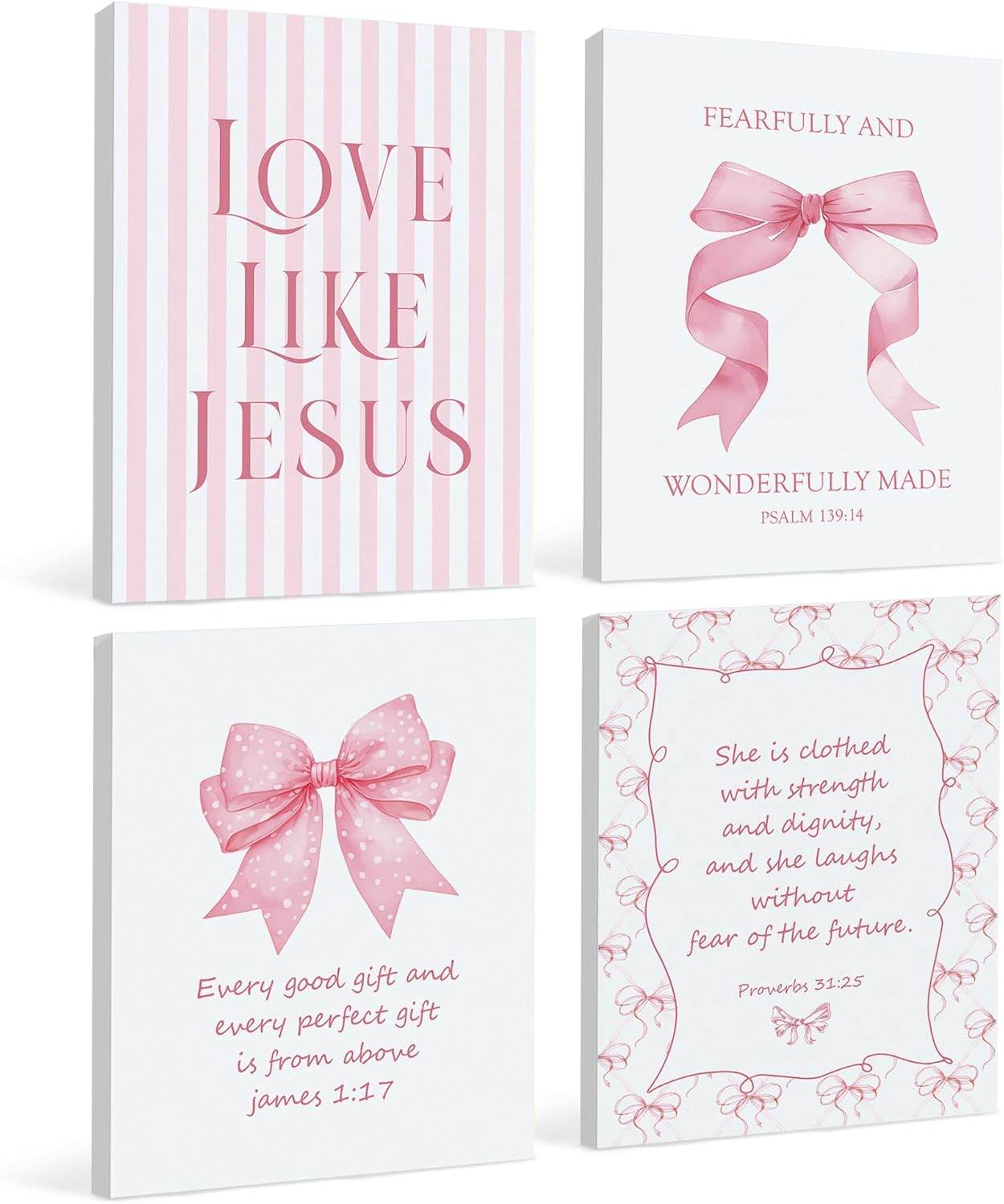 LARTSFRO Coquette Pink Bow Jesus Canvas Wall Art Decor Posters Prints, Light Pink Bow Room Bedroom Bathroom Dorm Wall Art Decor Aesthetic for College Teen Girls Gifts, Inspirational Bible Verses Bow Wall Decor, 11x14 Inch Set of 4 Pcs Bow Pictures (Canvas Framed 11X14)