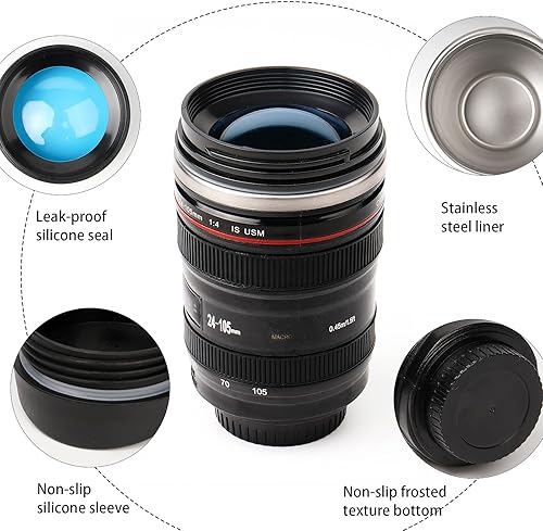 Miniatura 4 de Taza de café con lente de cámara, taza de café de viaje, taza de lente de acero inoxidable, termo con tapa y cuchara, regalos geniales para