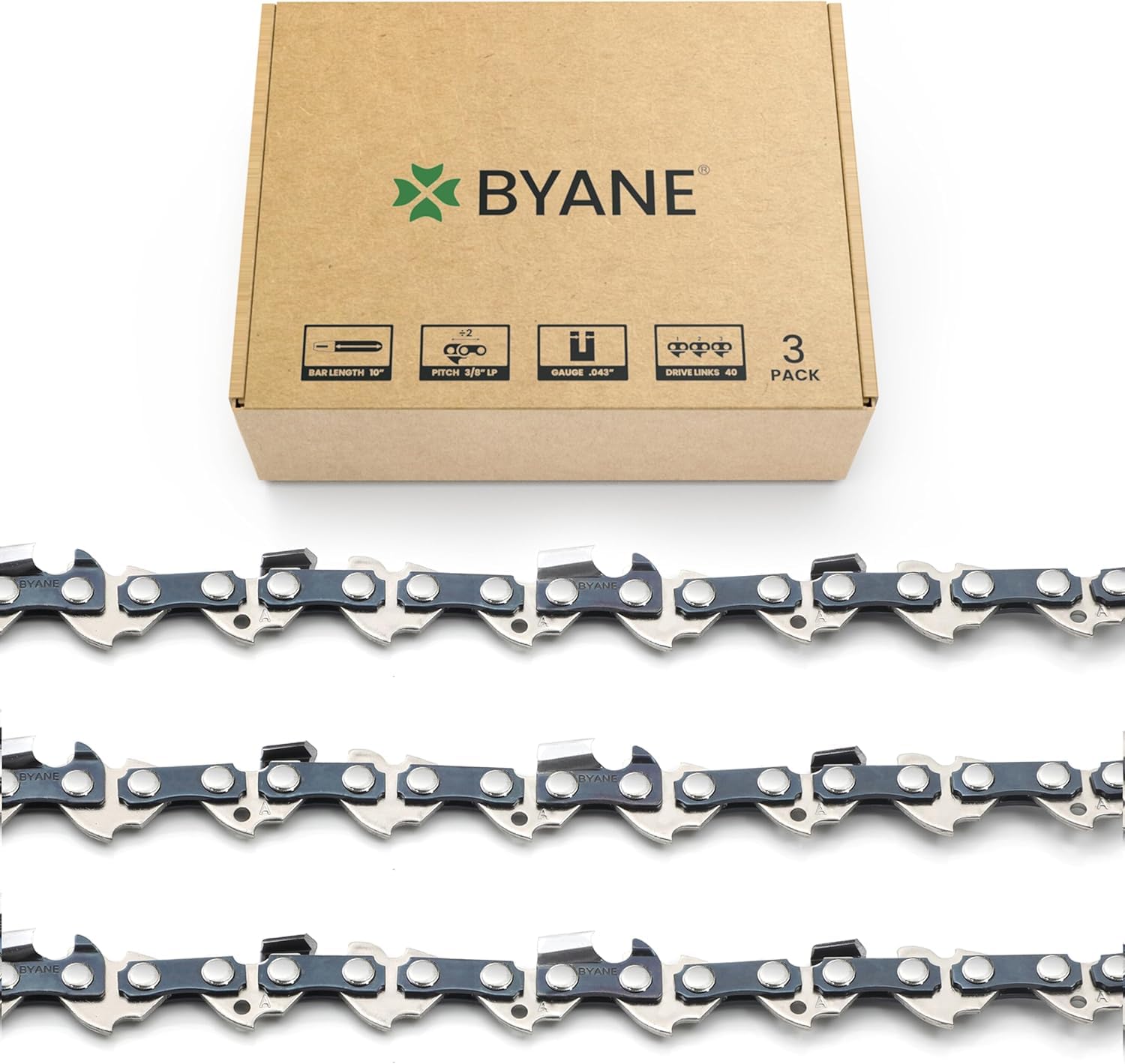 BYANE 3-Pack 10 Inch Chainsaw Chain 3/8" LP .043" Gauge 40DL — image 1