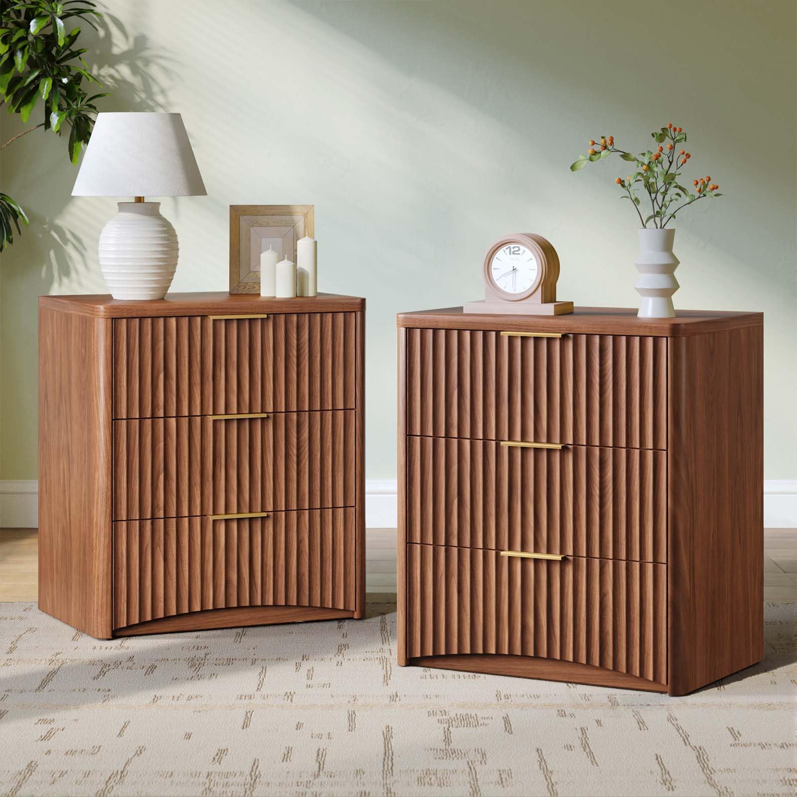 Evermagin Fluted Nightstand Set of 2, Bedside Table with 3 Drawers, Walnut
