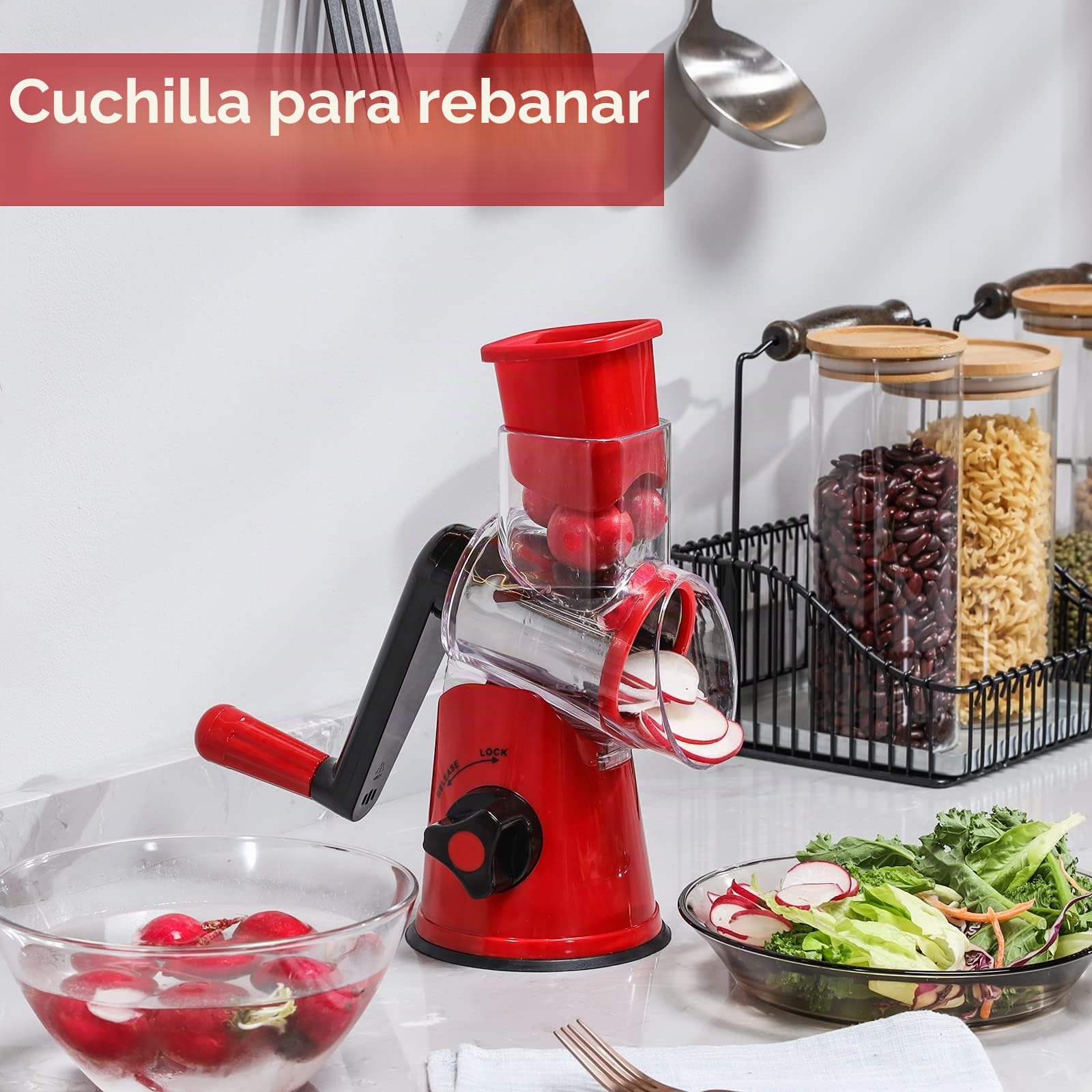 GDL Rallador de Queso, 3 Cuchillas Cortador de Verdura, Rallador Cocina | Versatilidad, Acero Inoxidable 430, Corte Rápido, Fácil Limpieza, Fuerte Ventosa, Seguridad de uso, Sin BPA, Mango Ergonómico