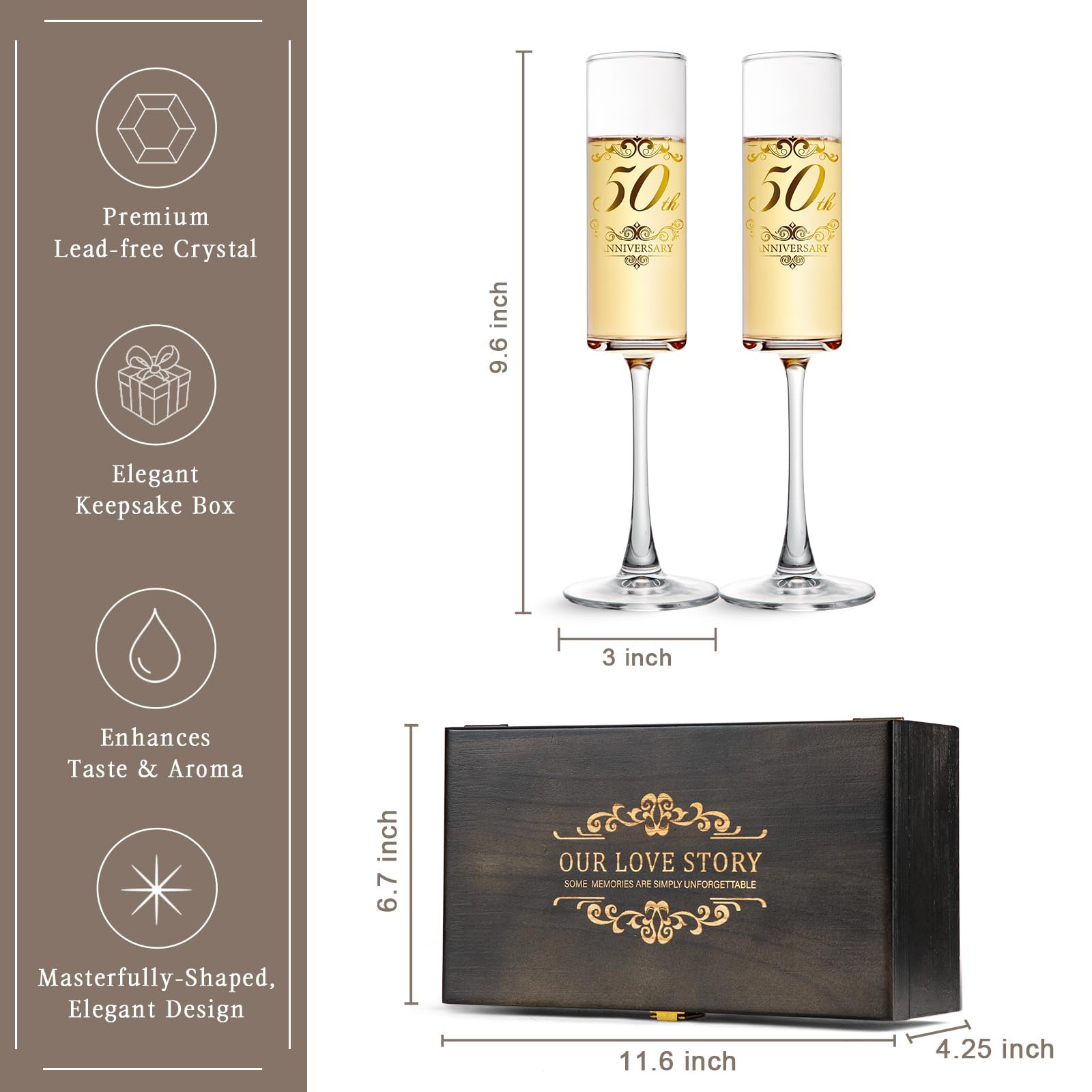 Urllinz Copas de champán para 50 aniversario de boda, decoraciones de 50 aniversario, el mejor regalo de boda de aniversario para parejas y padres, juego de 2 con caja de recuerdo de madera