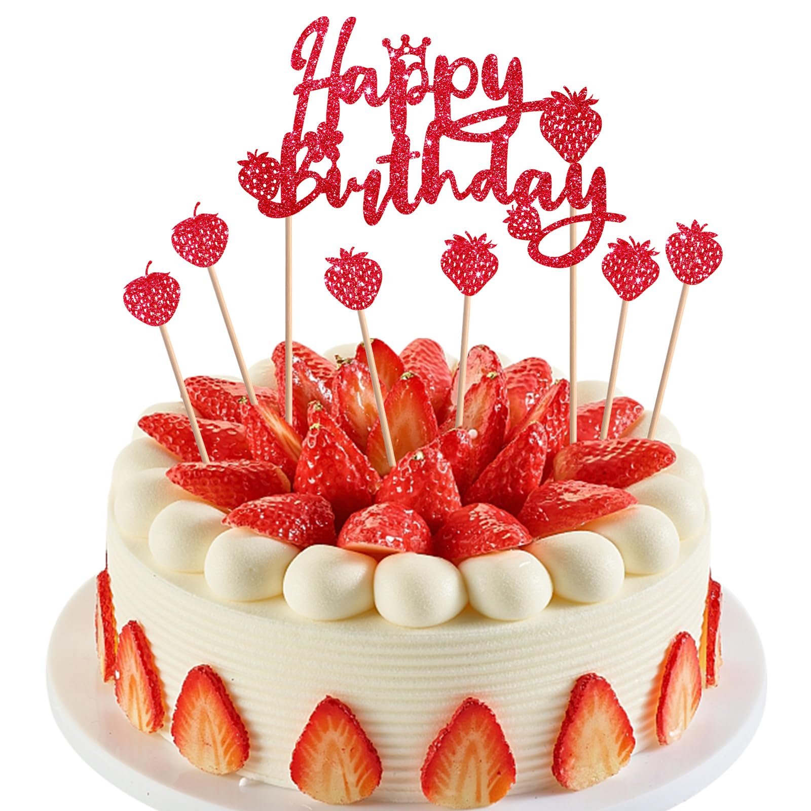7pcs Strawberry Happy Birthday Cake Topper, Glitter Strawberry