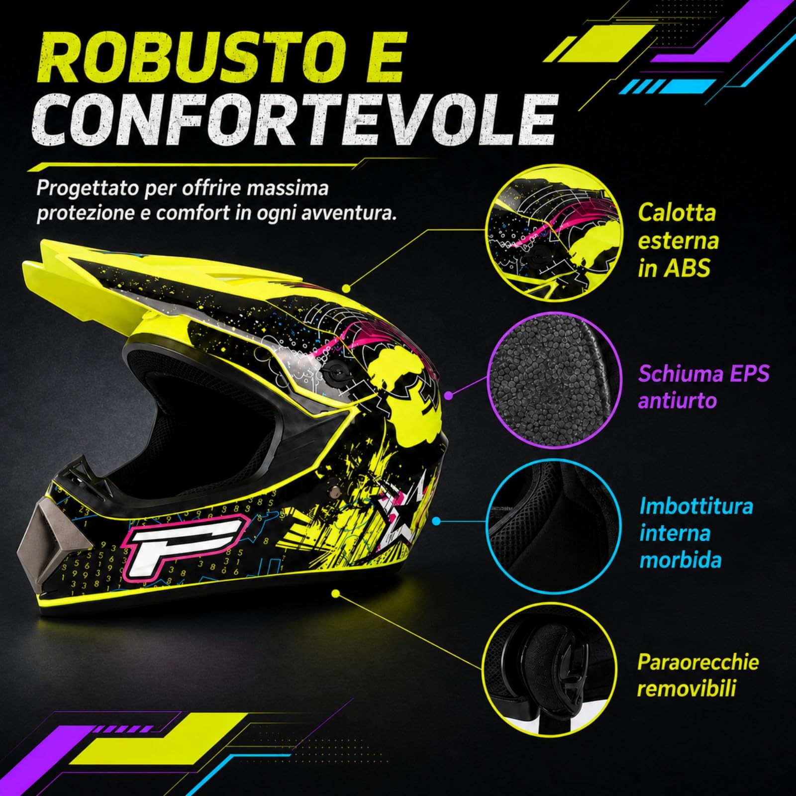Set Casco Cross Integrale giallo neon e nero con Occhiali e Guanti