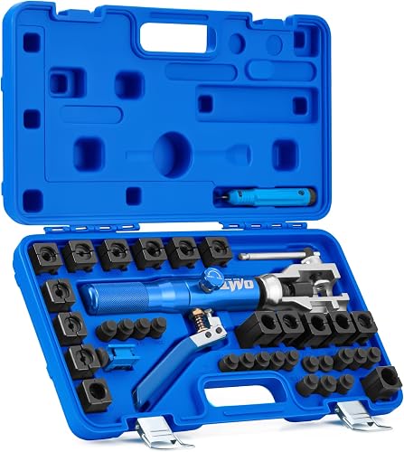 OMT Hydraulic Flaring Tool Kit, Brake Line Set with Cutter & Deburring | For Copper, Fuel & Transmission Lines; 45° & ISO Dies 3/16-1/2 & 4.75-10mm; 42CrMo Steel Yoke; Precision Deburring Tool