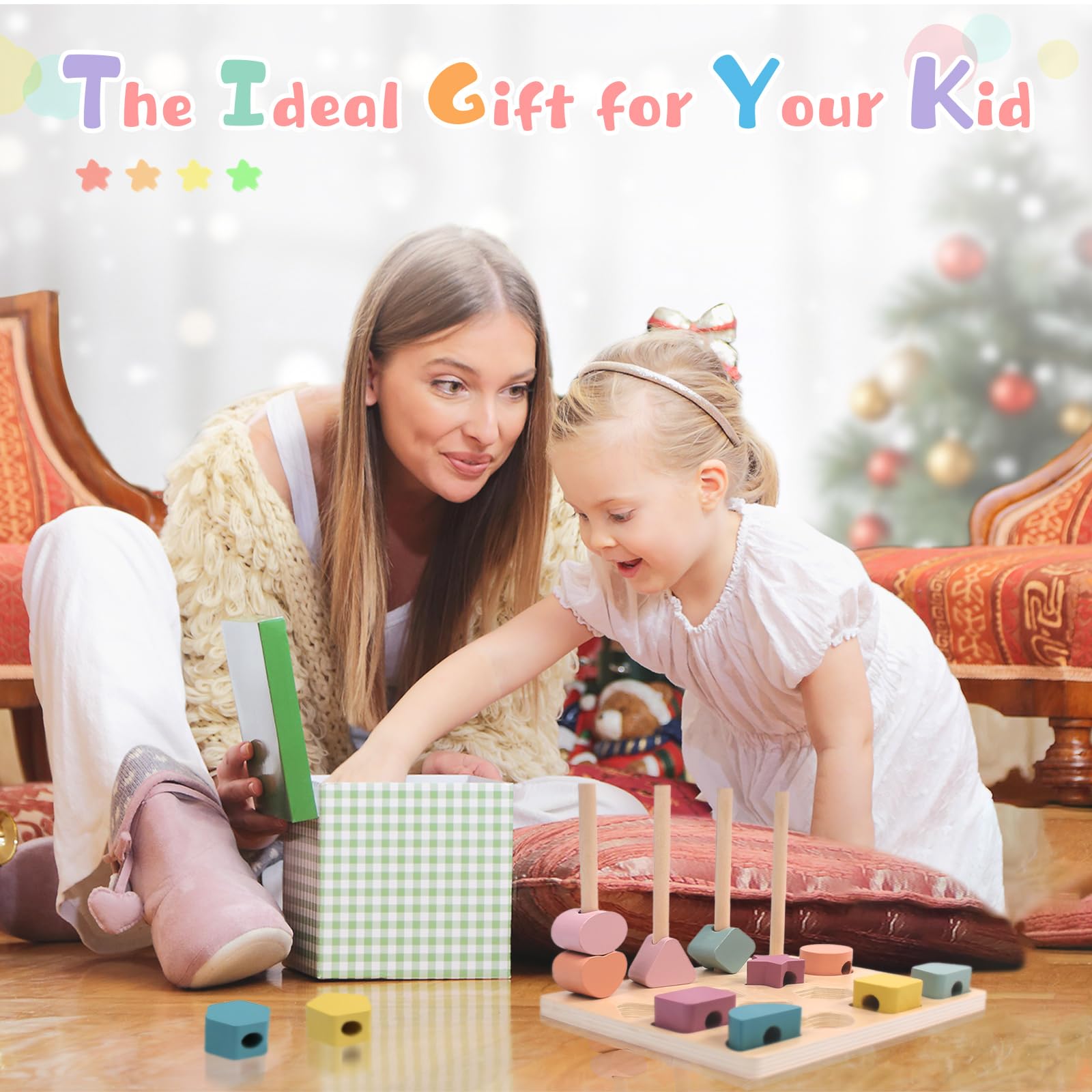 Jeux Montessori Enfant, 3 en 1 Jouet d'activité et de Développement Empilable y Enfiler, Enfant Jeu Educatif, Jouets de Tri Bois Cadeau pour Garcon et Fille 2 3 4 5 Ans, Jouets de Perles de Laçage