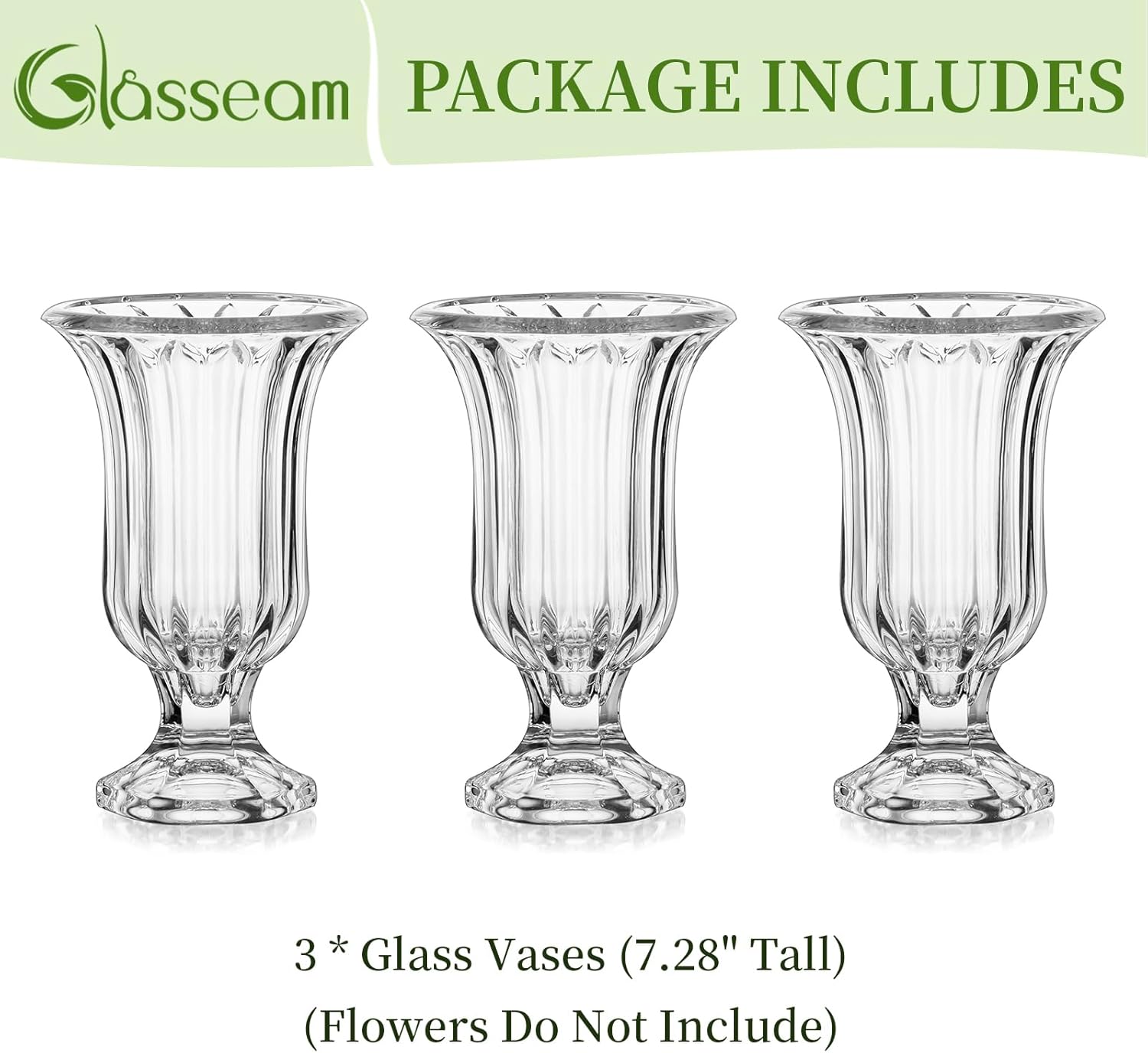Glasseam Pedestal Glass Vase for Flowers, 7.5in Tall Compote Vase Set of 3, Crystal Clear Vases for Centerpieces, Ribbed Decorative Vases for Home Decor, Cute Footed Urn for Living Room Decorations