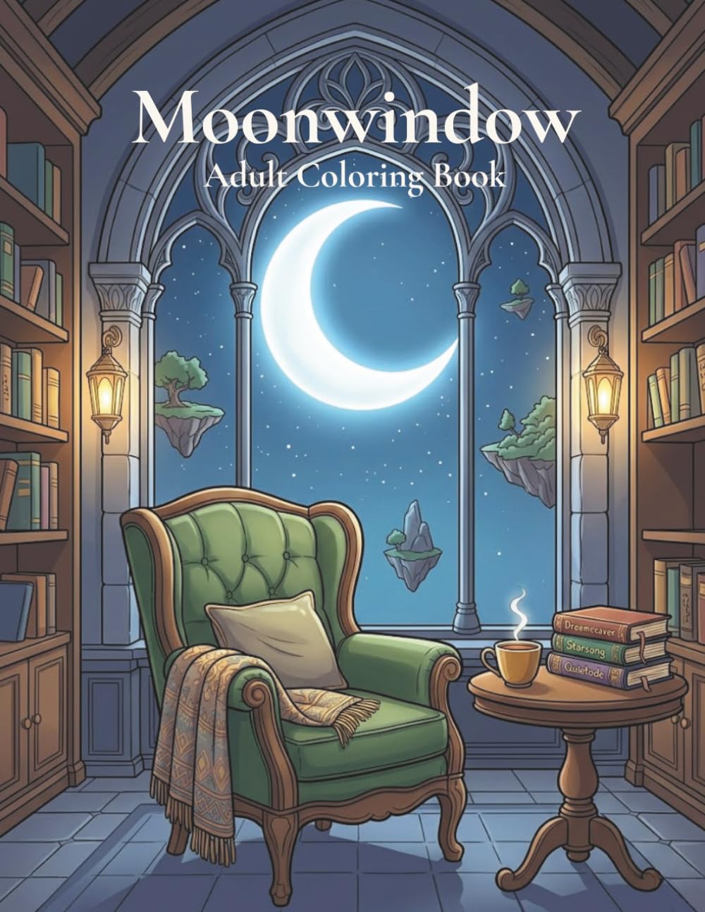 Moonwindow: A Cozy Fantasy Coloring Book for Adults Featuring Magical Reading Nooks, Hidden Libraries, Moonlit Retreats, and Peaceful Escapes