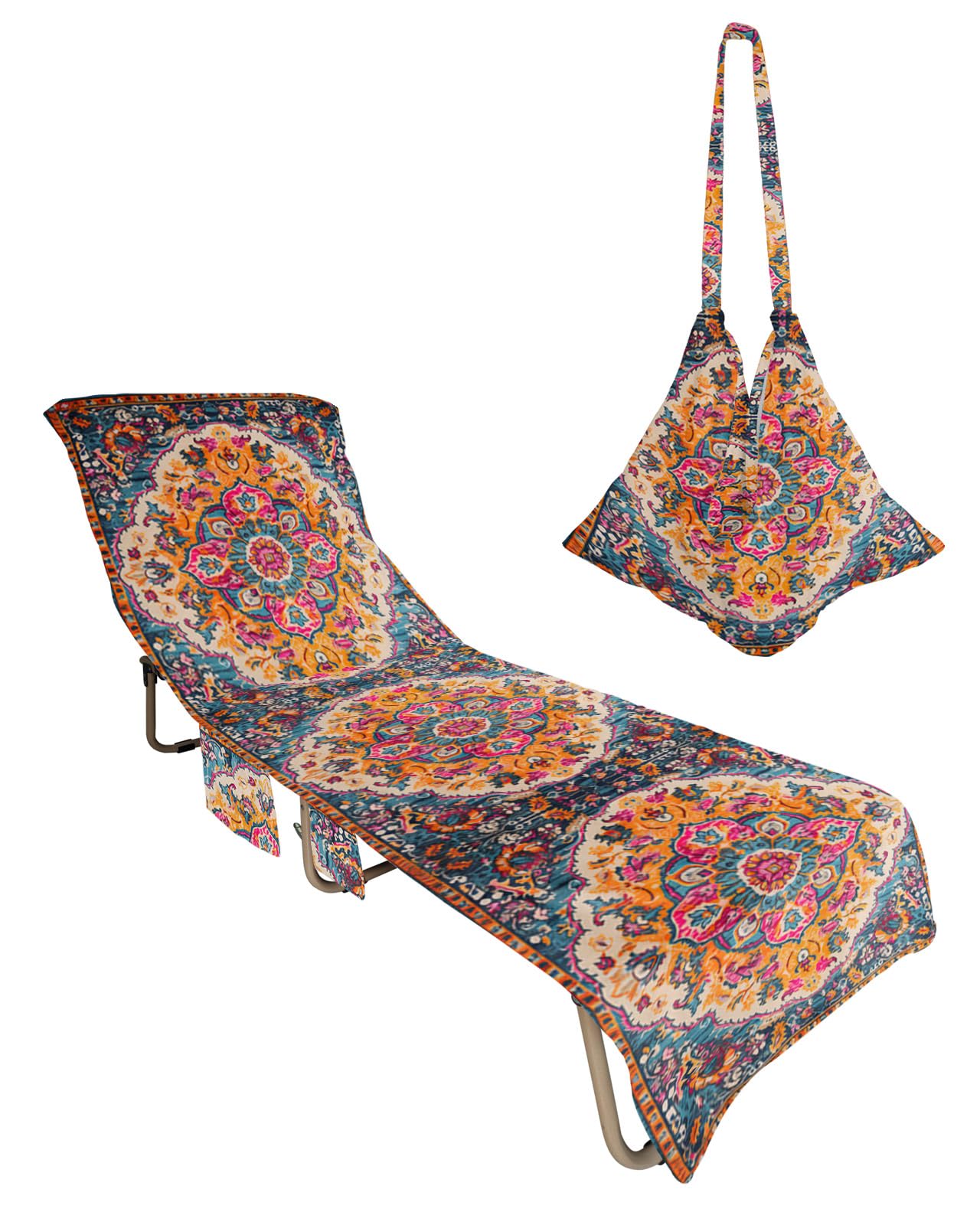 Middle Century Beach Chair Towel Covers for Chaise Lounge with Side Pocket, Soft Plush Pool Towels Cover for Patio Sunbathing Outdoor 29''x85'' Retro Multicolor Ethnic Luxurious Flower