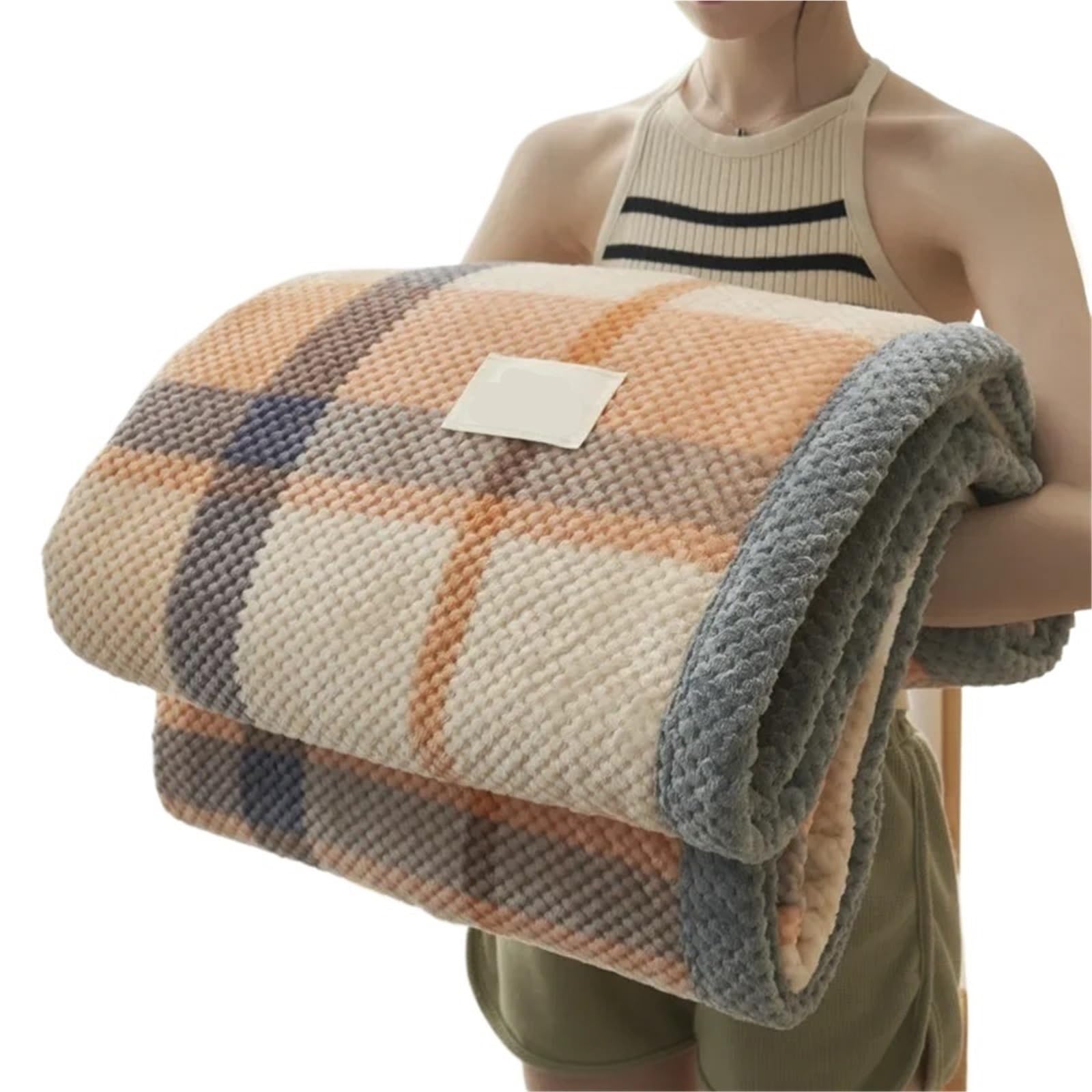 Bedspread Soft Chenille Knitted Blanket Machine Washable for Couch Bed(Orange Big Checkered,120x200cm 0.9kg)