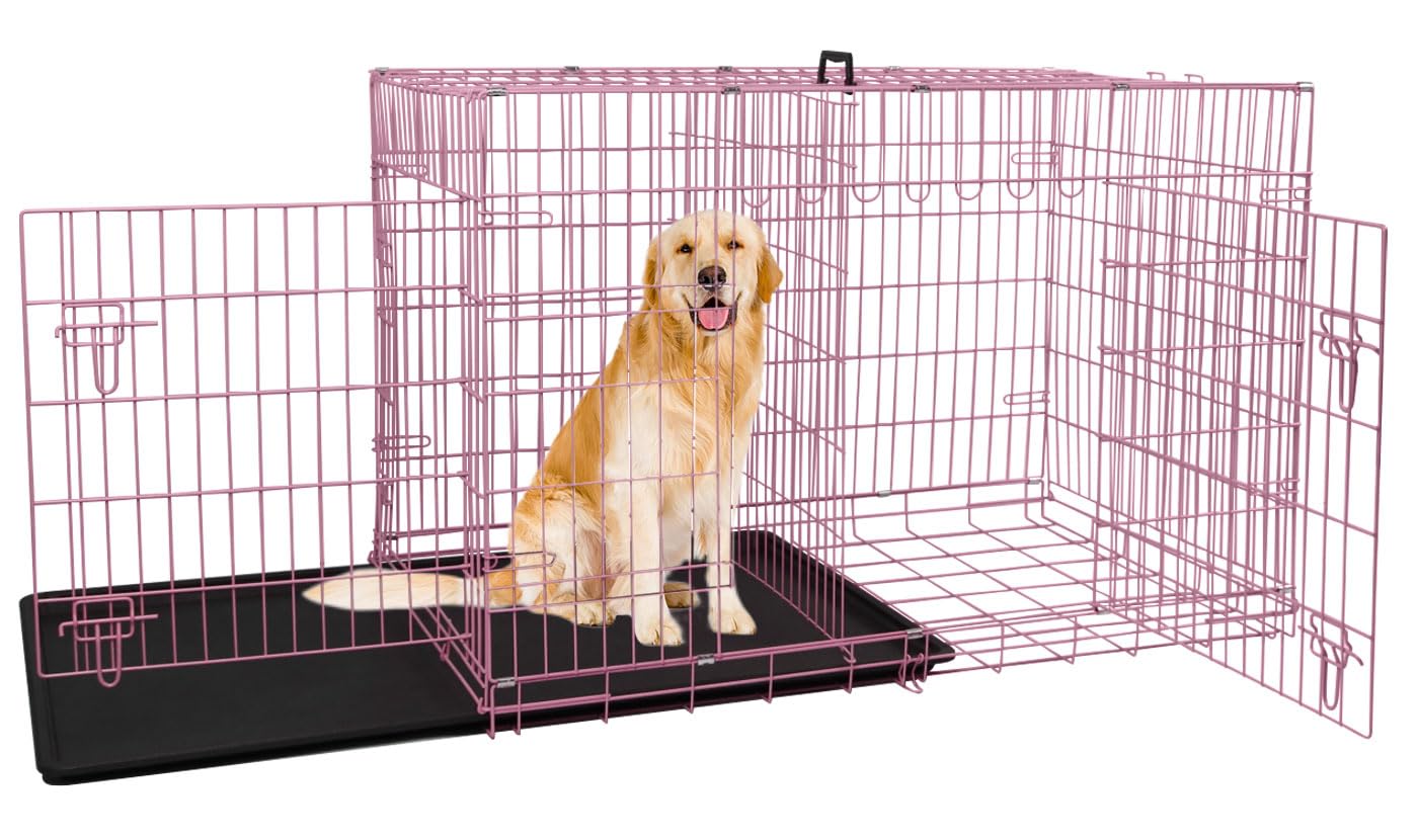 42 Inch Pink Dog Crate, Extra Large with Double Door & Removable Tray, XL Collapsible Cage, Kennel with Divider Panel
