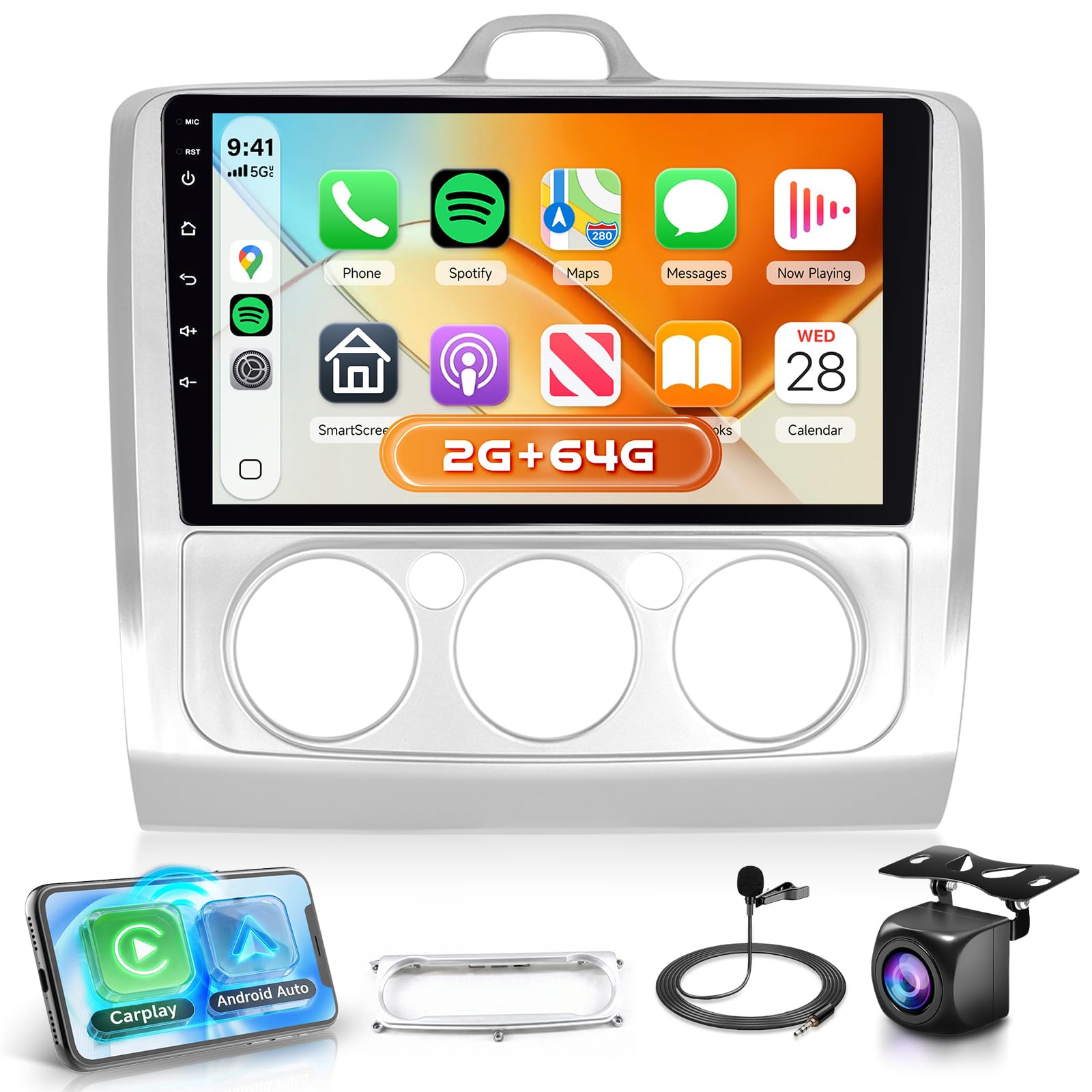 2G+64G Android Car Stereo for Ford Focus Mk2 Focus Mk3 2004-2011 with Wireless Carplay, 9 Inches Touch Screen Car Radio with GPS Bluetooth FM HiFi WiFi Android Auto Backup Camera