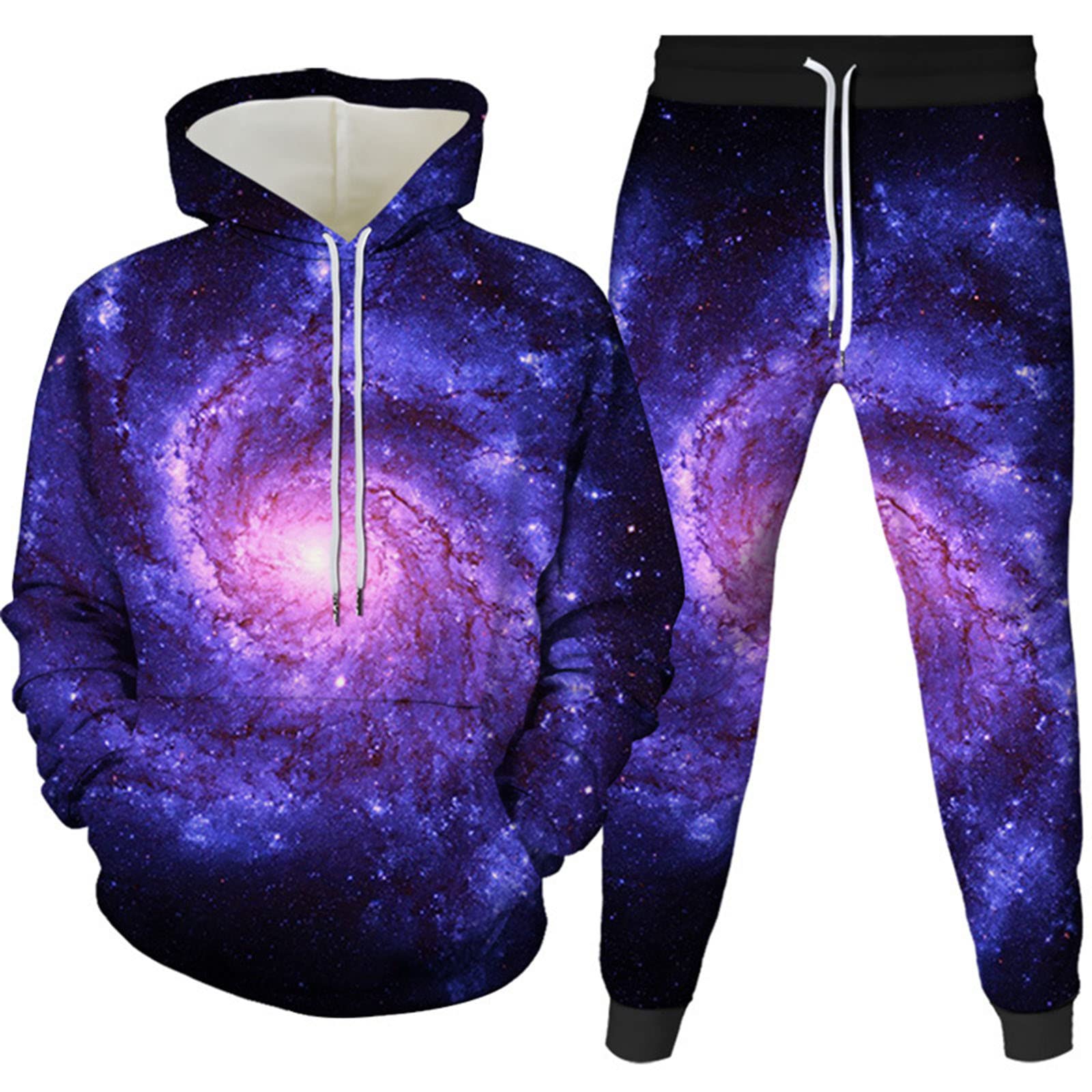 Tuta Uomini Autunno Stampa Digitale 3D Bella Cielo Stellato Felpa Con Cappuccio + Pantaloni 2 Set Di Moda Per Il Tempo Libero, 14, XL