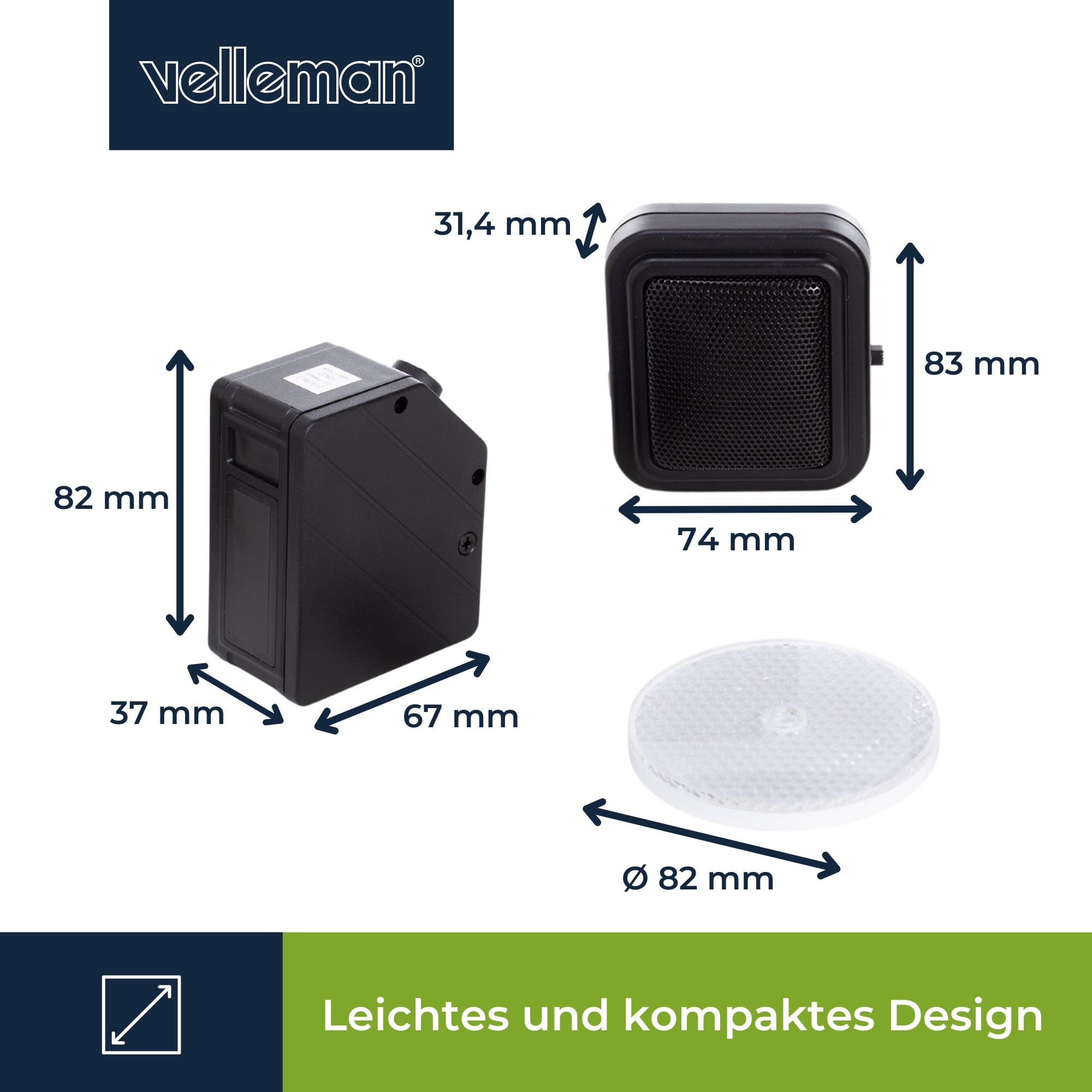 Velleman Drahtlose IR-Lichtschranke Bewegungsmelder, 7 m Reichweite, IP44 für Innen und Außen, 12 V Stromversorgung, Funkreichweite bis 100 m, Einstellbarer Alarm und Gong zur Zutrittskontrolle