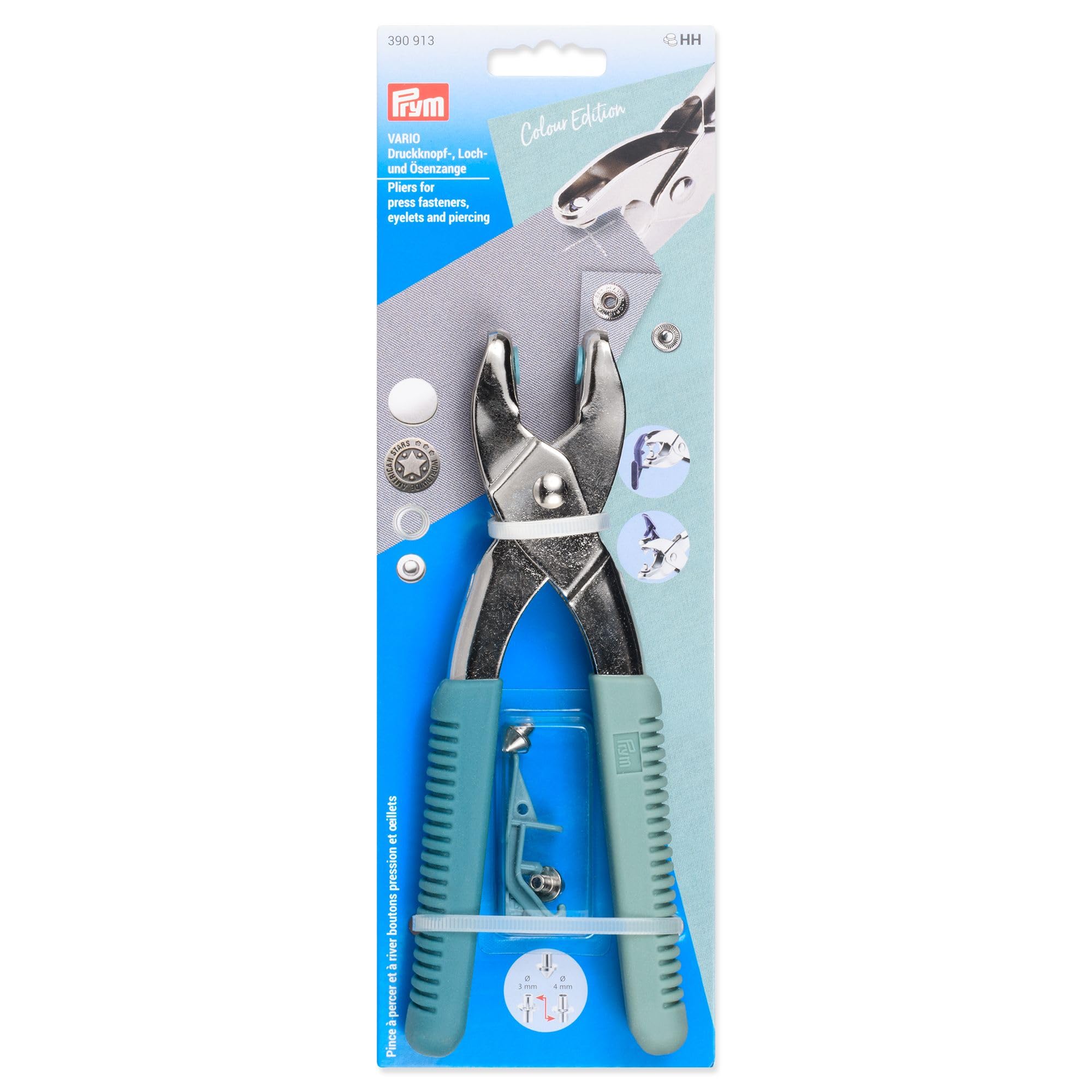 Prym 390913 Vario pinza menta/salvia – per bottoni a pressione, occhielli, rivetti e bottoni jeans – Include utensili per foratura, impugnatura ergonomica, accessori per cucito versatili