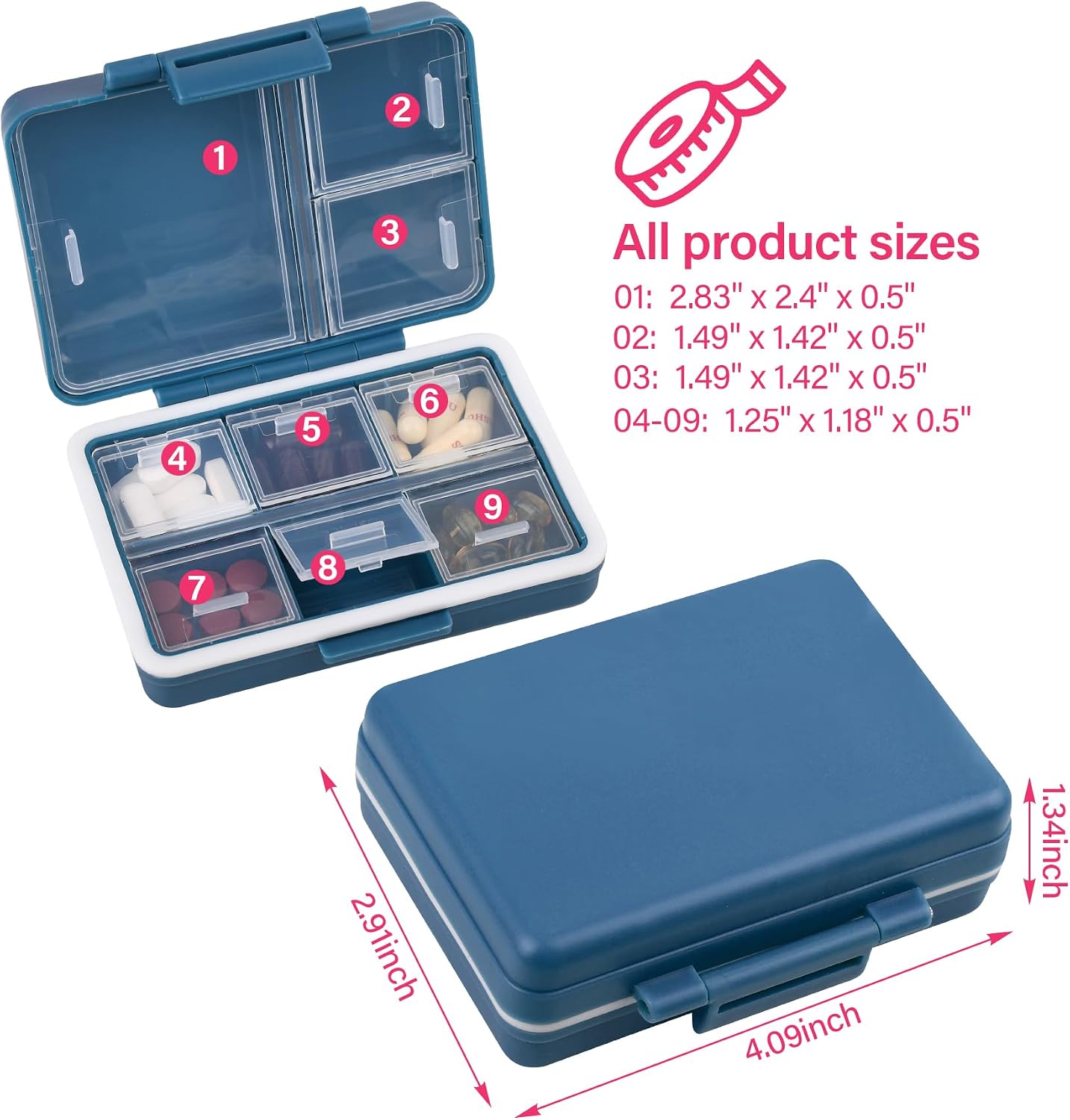 9-Grid Pill Organizer,Portable Pill Box,Large Capacity Compartments,Travel Pill Container,Medicine Dispenser,Pill Purse,Pill Case for Vitamins, Fish Oils or