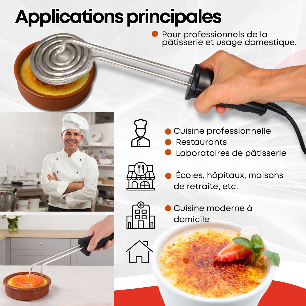 GOLDMAN SERVICE Brûleur à sucre électrique rond | 900 W en acier inoxydable | Pelle pour crème catalane et desserts | Pâtisserie professionnelle sans flamme