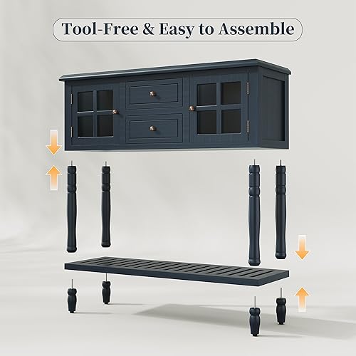 Miniatura 3 de ARTPOWER Mesa consola para entrada con 2 cajones, montaje mínimo, mesa de entrada retro azul con armarios de almacenamiento de puerta de vidrio y