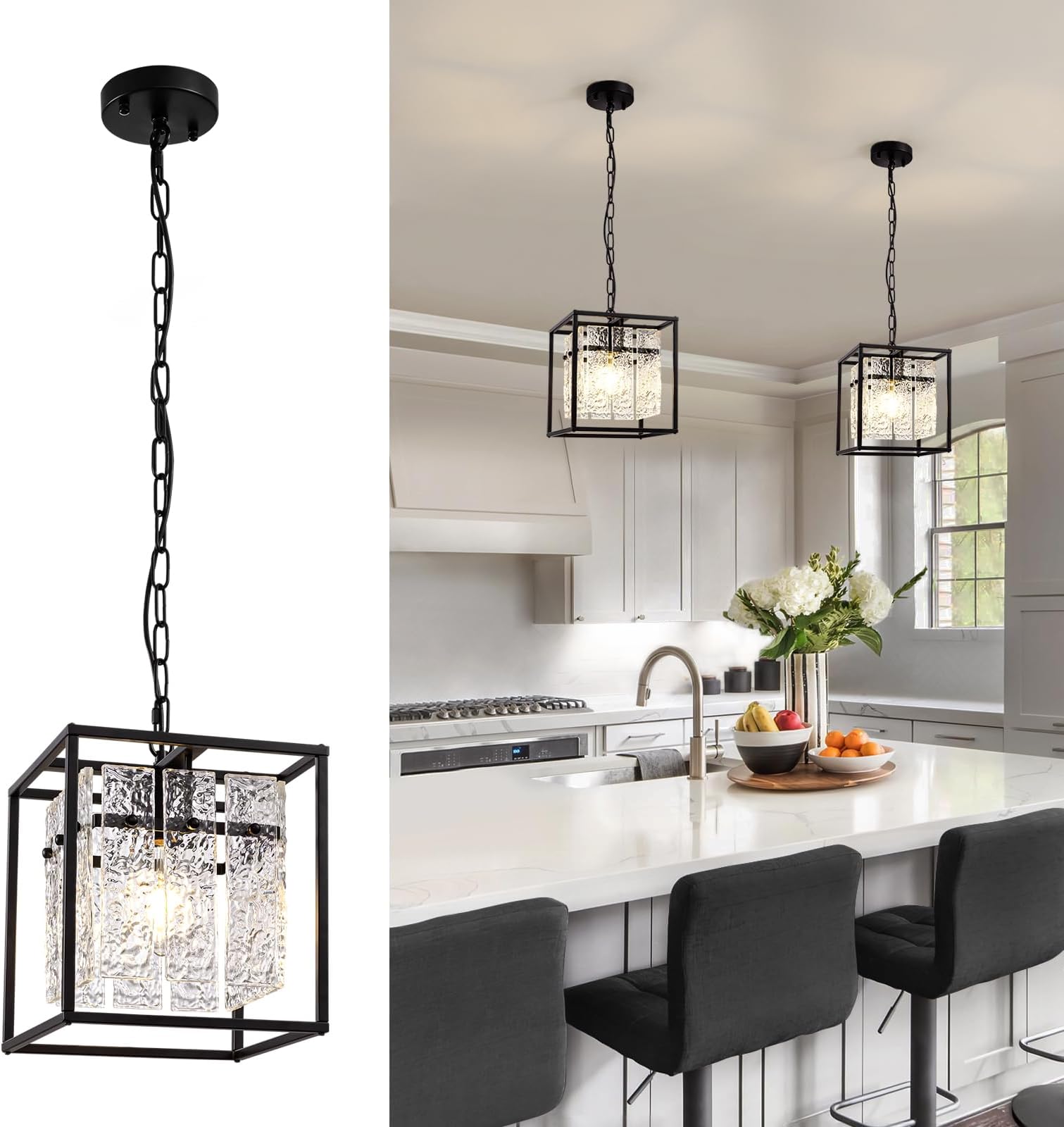 SiljoyBlack Pendant Lights Kitchen Island Luxury Water Ripple Glass Chandelier for Dining Room Modern Black Square Chandelier Light Fixtures Adjustable Pendant Lighting for Kitchen Hallway 9.8"