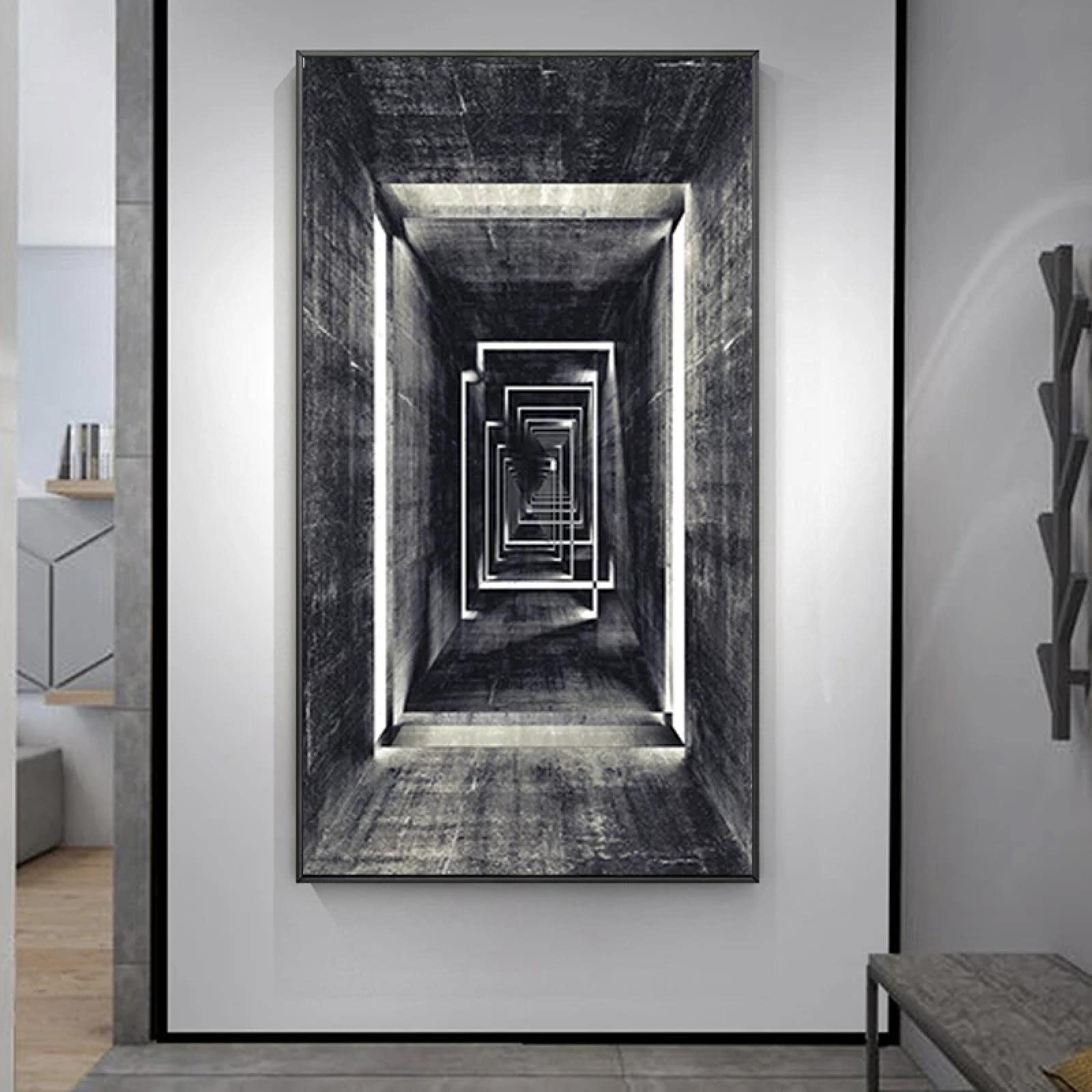 KADING Retro Astratta Geometrica Spazio Dipinti su Tela Parete di Arte Visiva Corridoio Infinito Poster e Stampe Immagine Home Decor 85x170 cm (34x67in) Con cornice