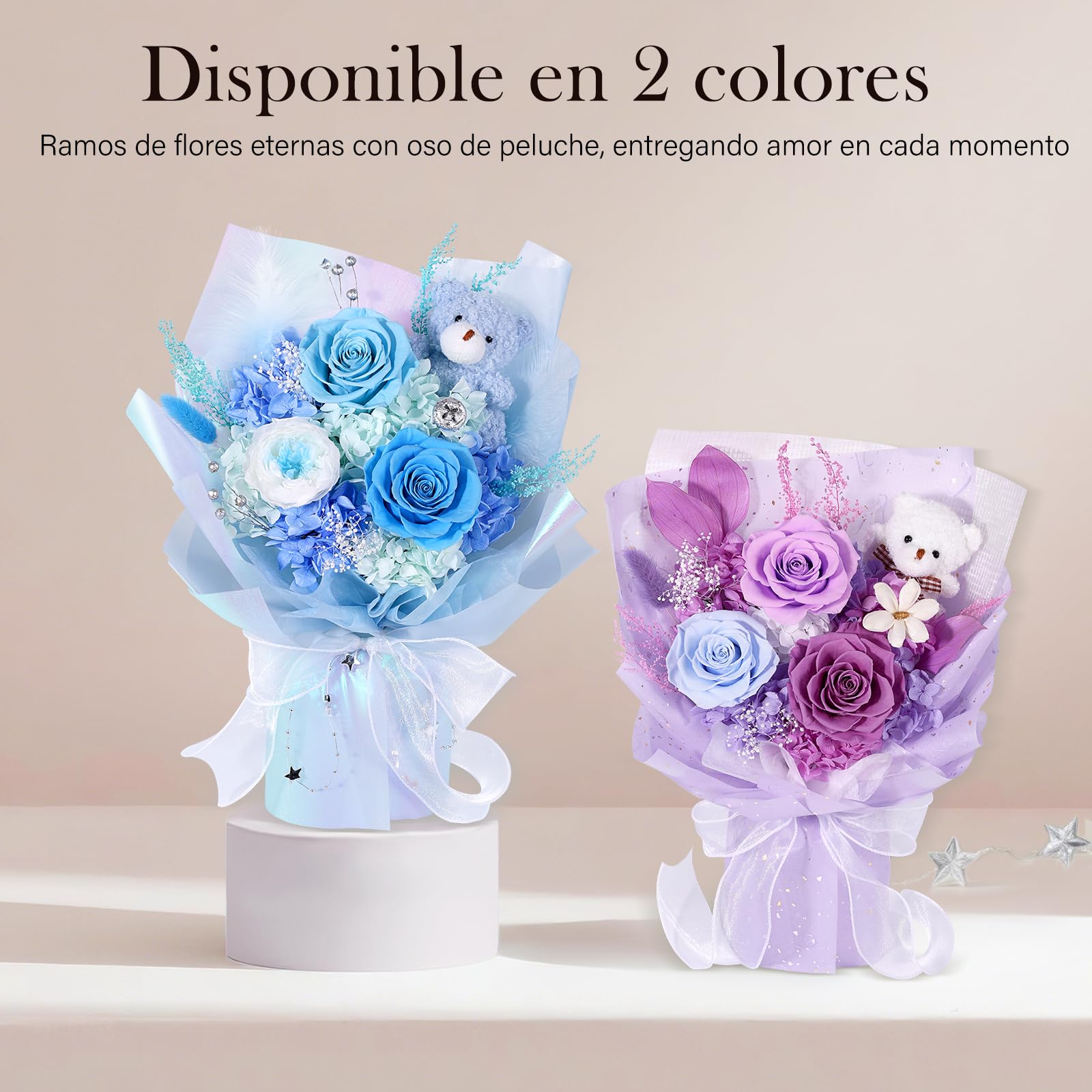 Ramo de Flores Preservadas con Osito, Rosas Eternas Azules, Regalo Mujer | Regalo de 3 rosas preservadas en San Valentín, aniversario, cumpleaños o Día de la Madre, para mujer, novia, esposa o madre