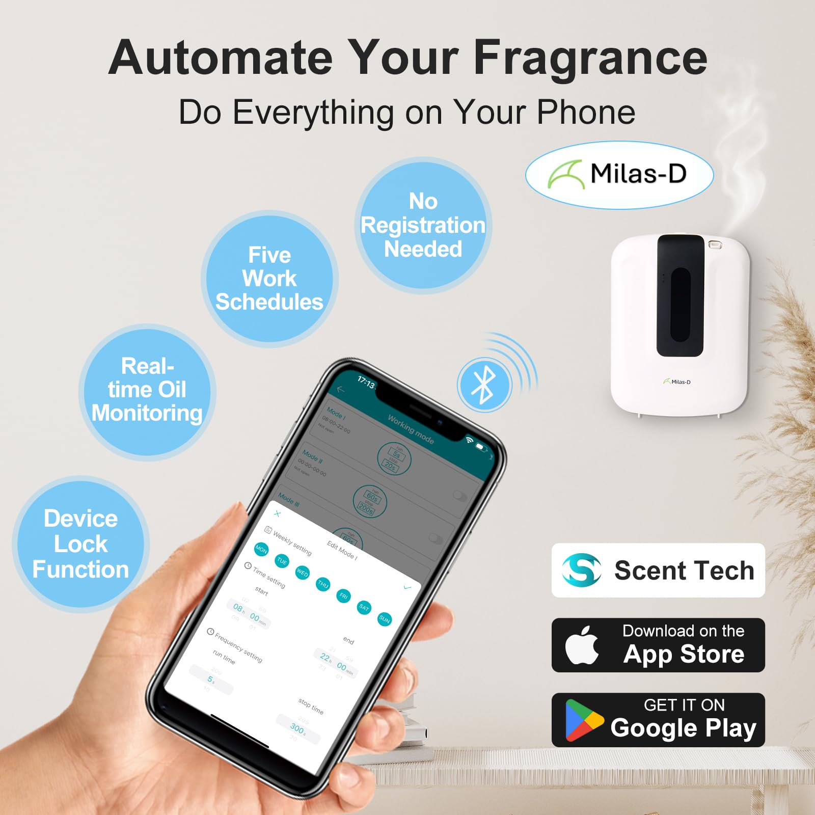 Difusor de aceites esenciales sin agua para el hogar y el comercio, difusor de aromaterapia para habitaciones grandes de hasta 2000 pies cuadrados, máquina de aire inteligente Bluetooth con tecnología