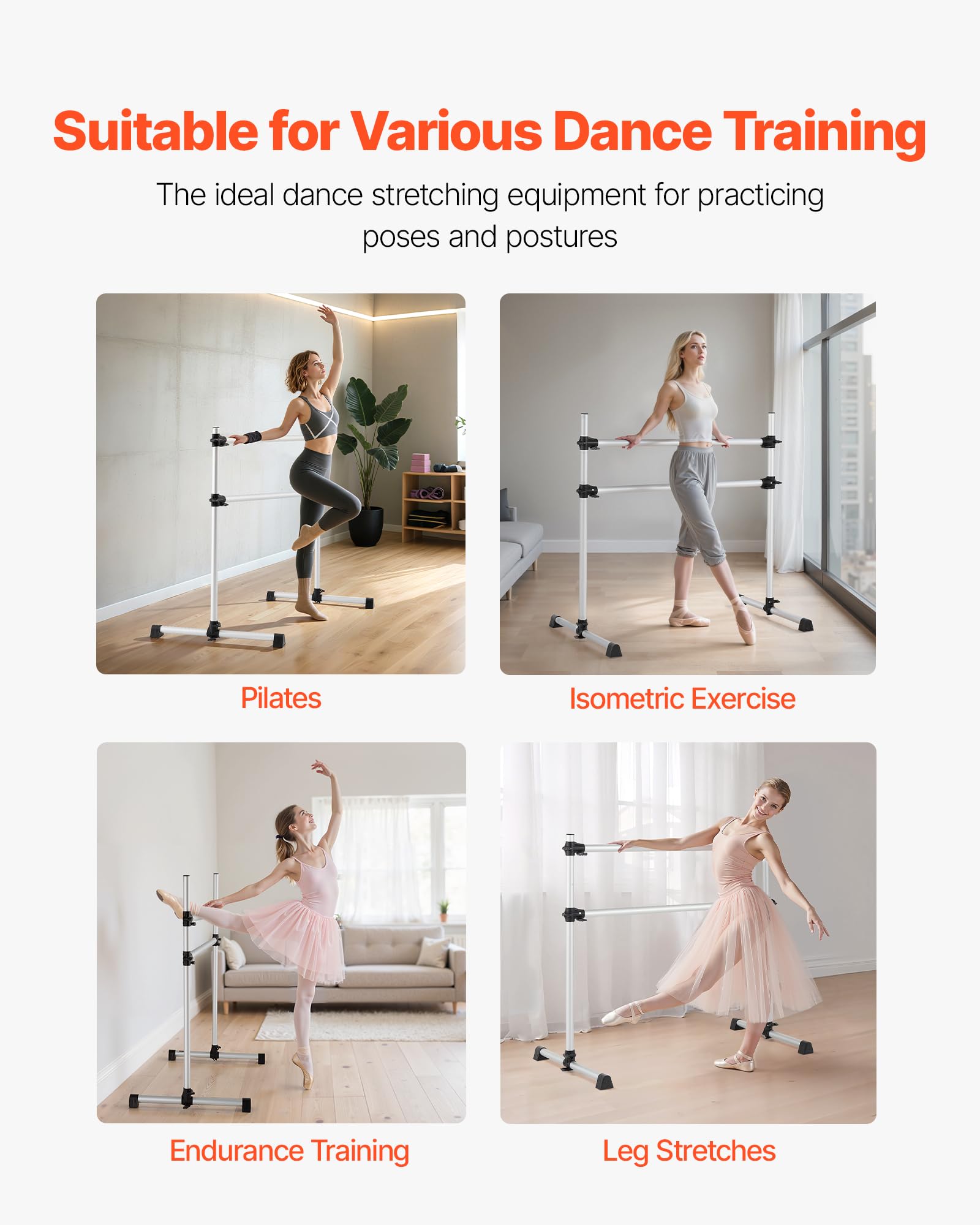 VEVOR Sbarra per Balletto Danza Classica, Sbarra Doppia Autoportante capacità Carico 136 kg, Altezza Regolabile 170-1165 mm, in Alluminio per Danza Stretching, Allenamento dell'Equilibrio