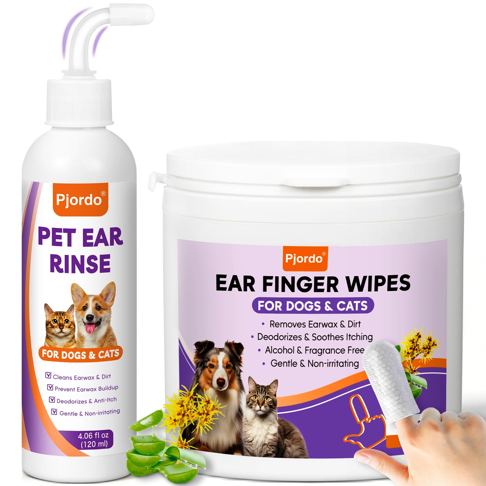 Pjordo Pet Ear Cleaner for Dog & Cat, Natural Formula - Aloe & Witch Hazel