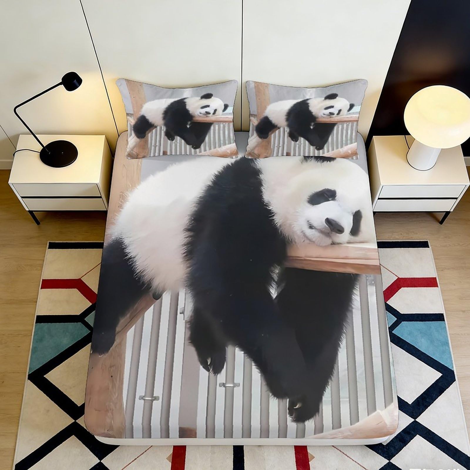 3D Printed Panda Fitted Sheet Microfiber Soft Breathable Animal Print Bed Cover for Bedroom Dormitory Guest Room Mattress Protection Decor 160x200x25cm