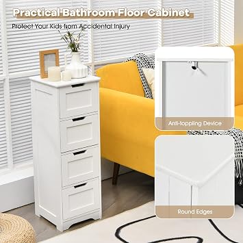 Tangkula Bathroom Floor Cabinet with 4 Drawers, 12 x 12 x 32 Inch, Freestanding Storage for Bath Living Room, Wooden Bathroom Cabinet for Home Office (White)