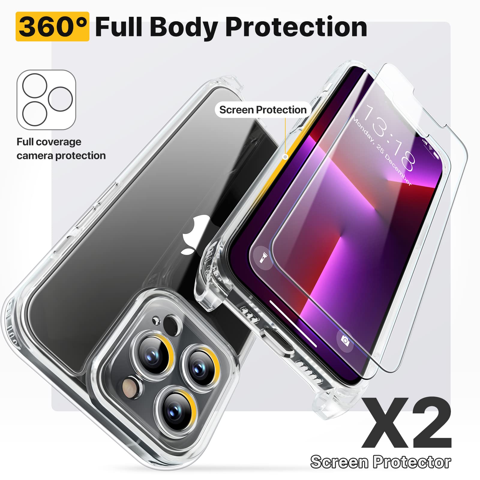 GOODVISH Cover per iPhone 13 Pro con Cordino 6.1'', con 2 Pezzi di Pellicola Protettiva, Trasparente Custodia con Regolabile Laccio Tracolla, [Antiurto] [AntiGraffio] Case con Collana, Nero
