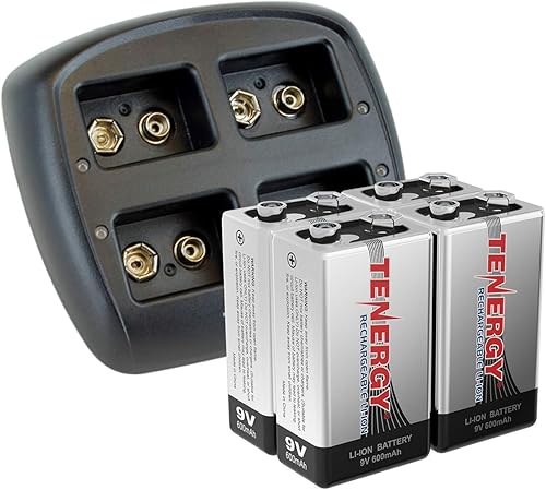 Tenergy TN294 - Cargador de batería de iones de litio de 4 bahías y 9 V + 4 baterías recargables de iones de litio de 9 V y 600 mAh