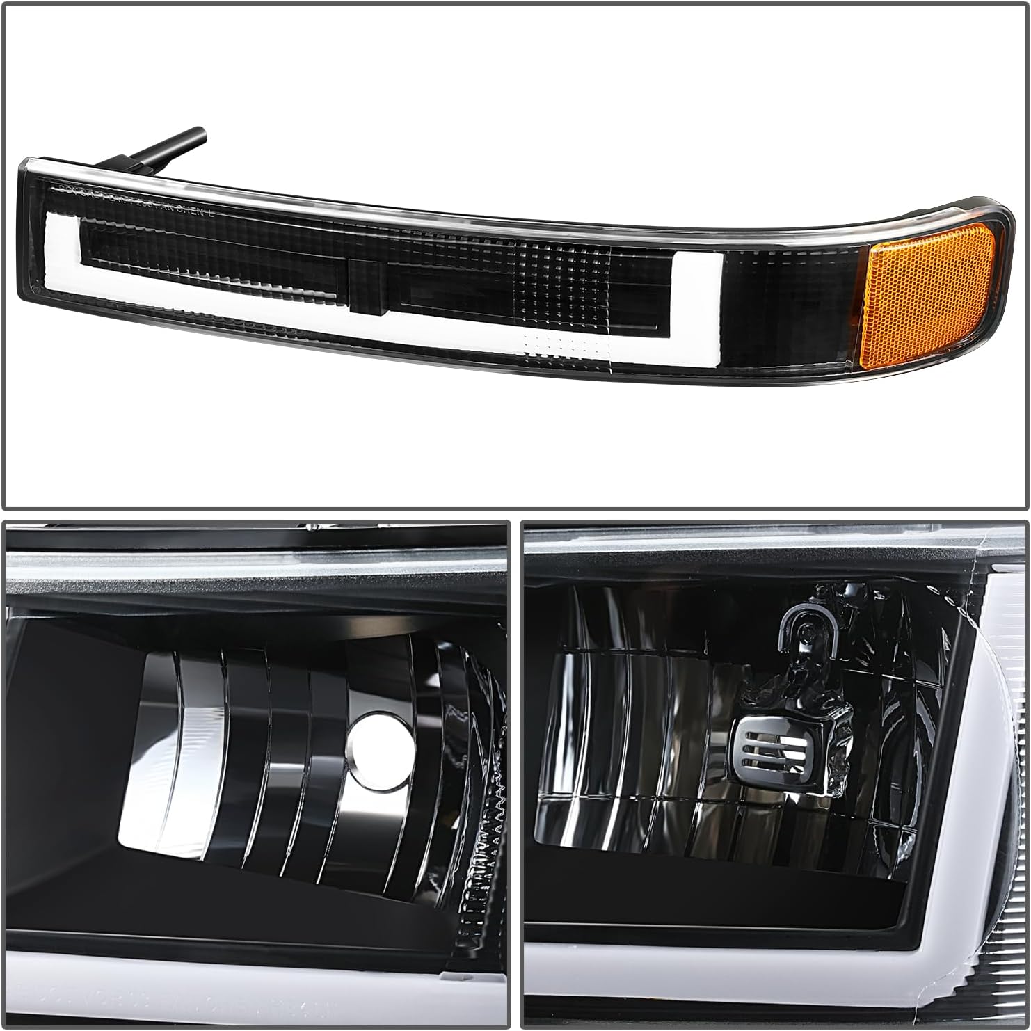DNA MOTORING U-Style LED DRL Headlight+Parking/Turn Lamps Set Compatible with 03-14 Express/Savana 1500, 03-23 Express/Savana 2500 3500,Black/Amber,HL-LB2-CEGS03-4P-BK-AM