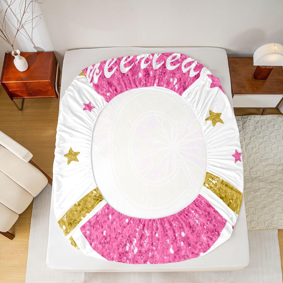 Juego de sábanas con inicial de letra C, sábana bajera ajustable con estampado de lentejuelas para animadoras ultrasuaves, decoración de habitación, tamaño King (sin sábana encimera)