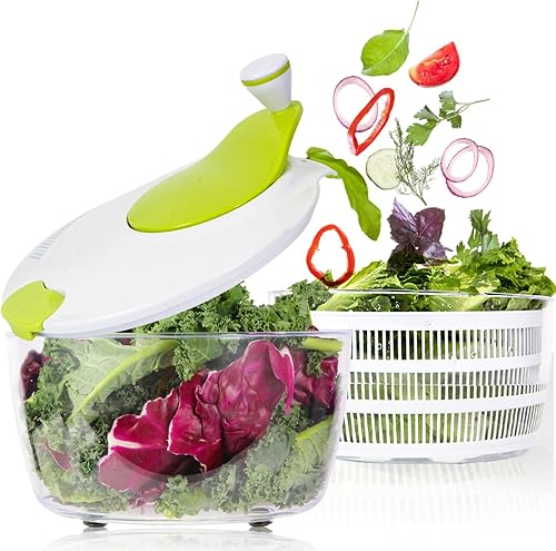 Santozz Molinillo de ensalada de tamaño familiar de 4.2 cuartos de galón con cuenco y colador, diseño de base antideslizante, orificios de drenaje
