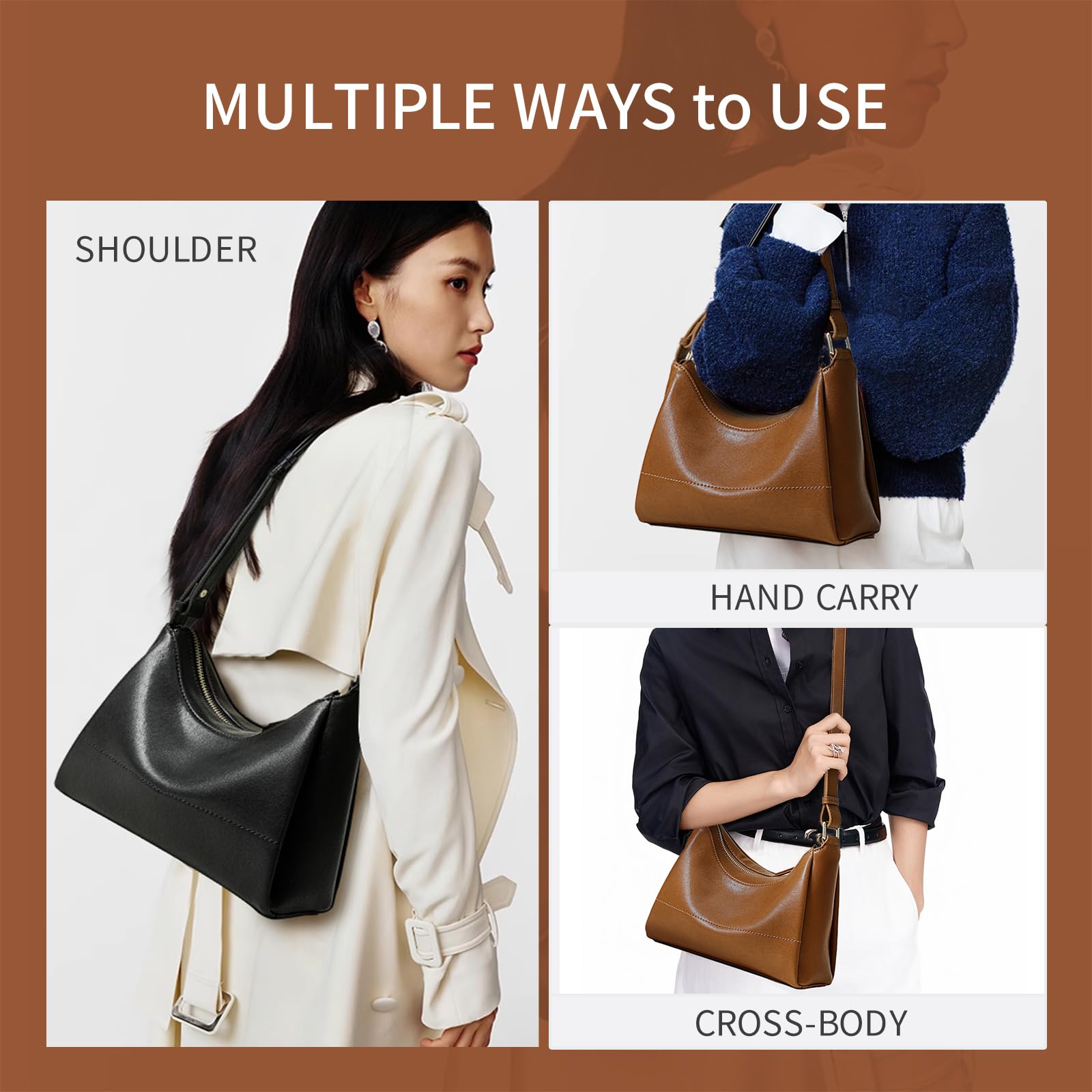 FION Hobo Bag for Women - Soft Leather Crossbody Purse, Shoulder Hand Bag with Adjustable Strap