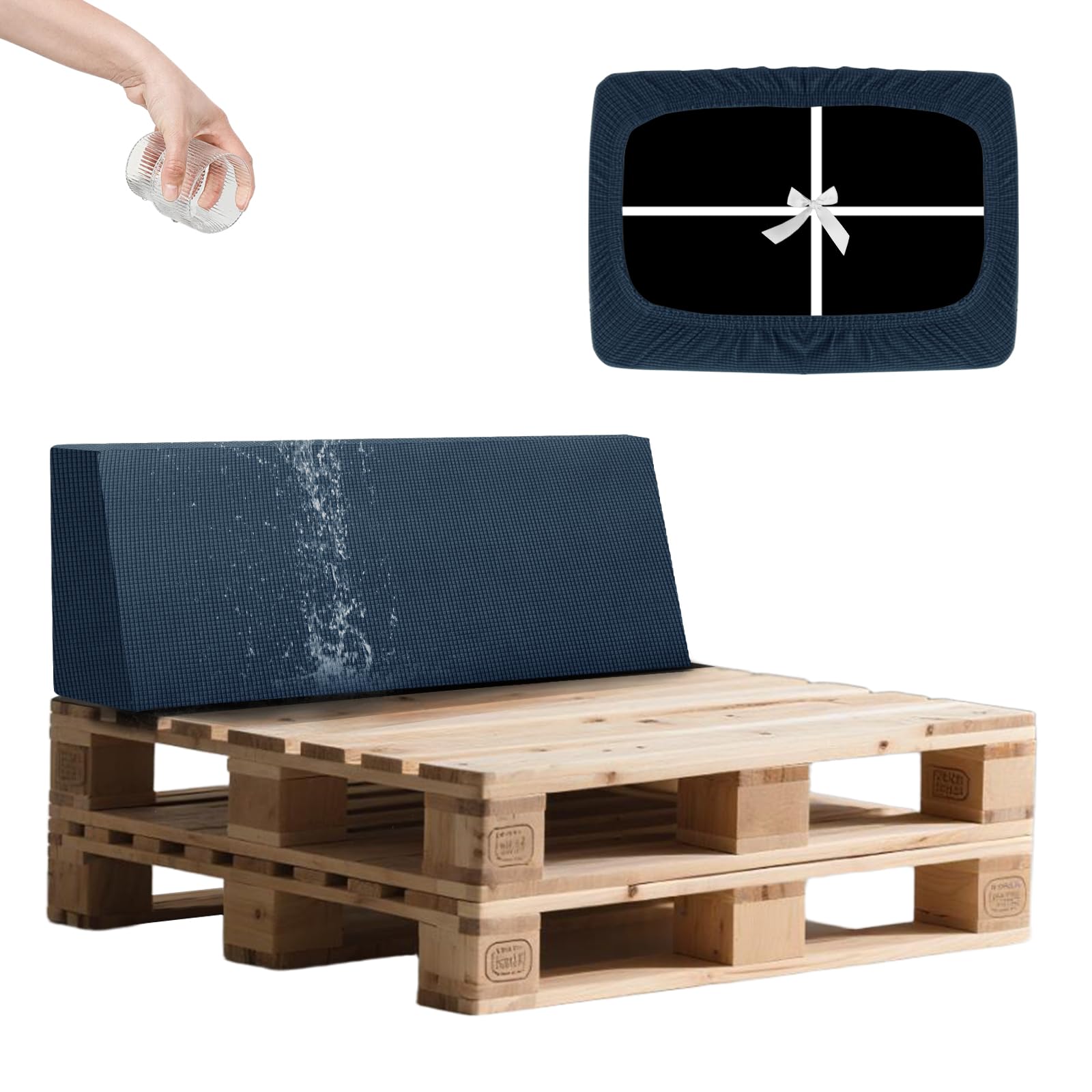 SYLC Waterproof Pallet Cushions Covers, Stretch Cover for Pallet Furniture Cushions with 4 Ties, Outdoor Corner Sofa Covers for Rattan Patio Garden Caravan (Denimblue,Back 120×40×10/20cm)