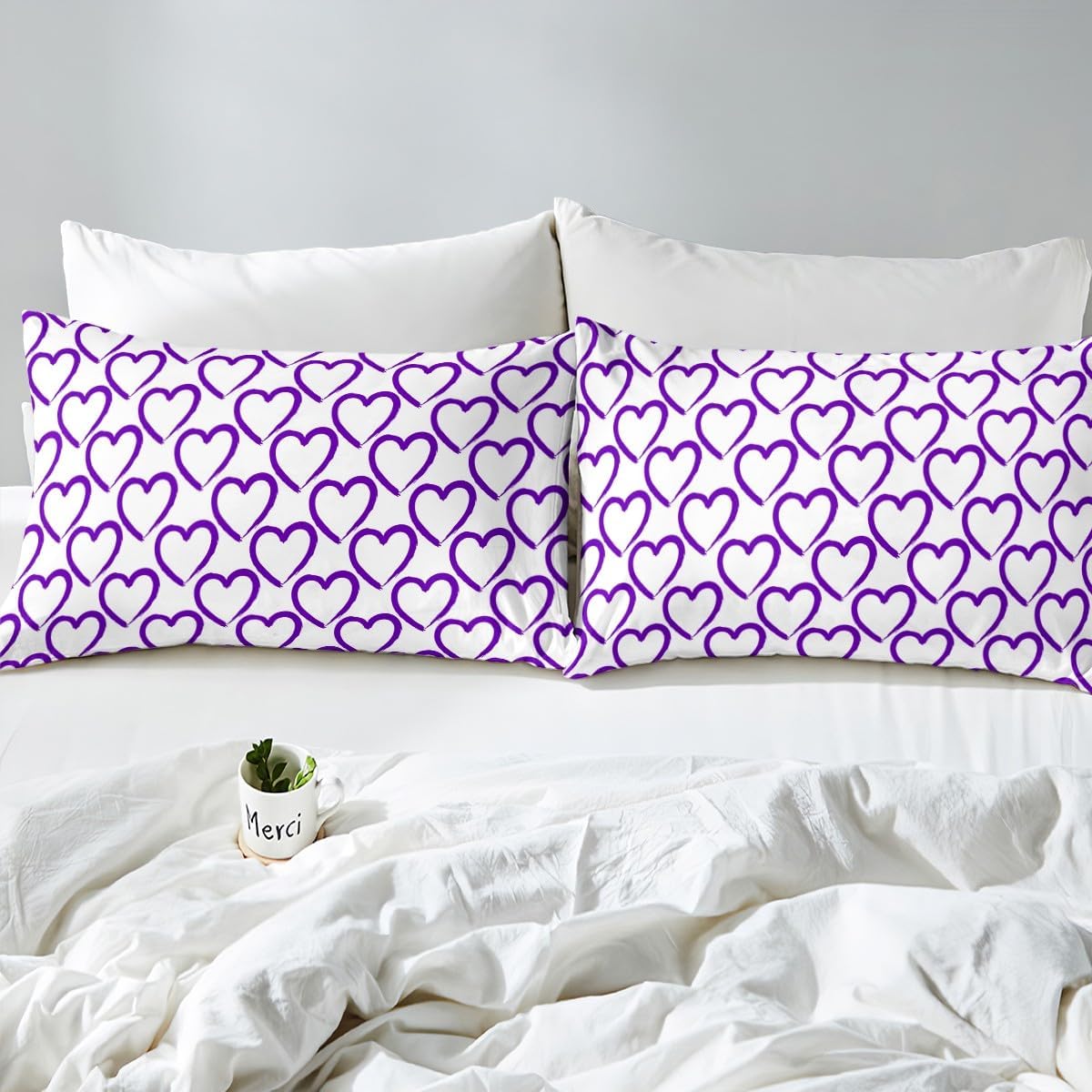Erosebridal Love Duvet Cover Heart Shaped Bedding Sets,Purple Lattice Comforter Cover Reversible Buffalo Plaid Geometric Grid Bed Set for Women Men Girls Teens Love Heart Kawaii Room Decor Queen