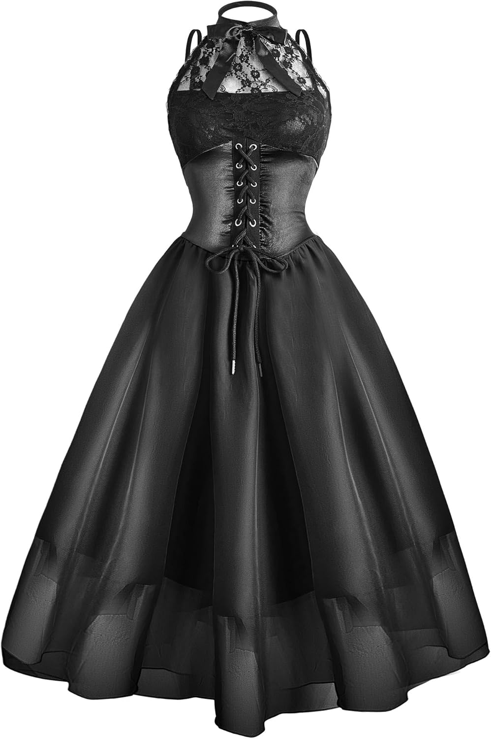Zhanmai Women's Sleeveless Western Gothic Dress Black Costume with Corset Halter Lace Swing Cocktail Halloween Punk Cosplay